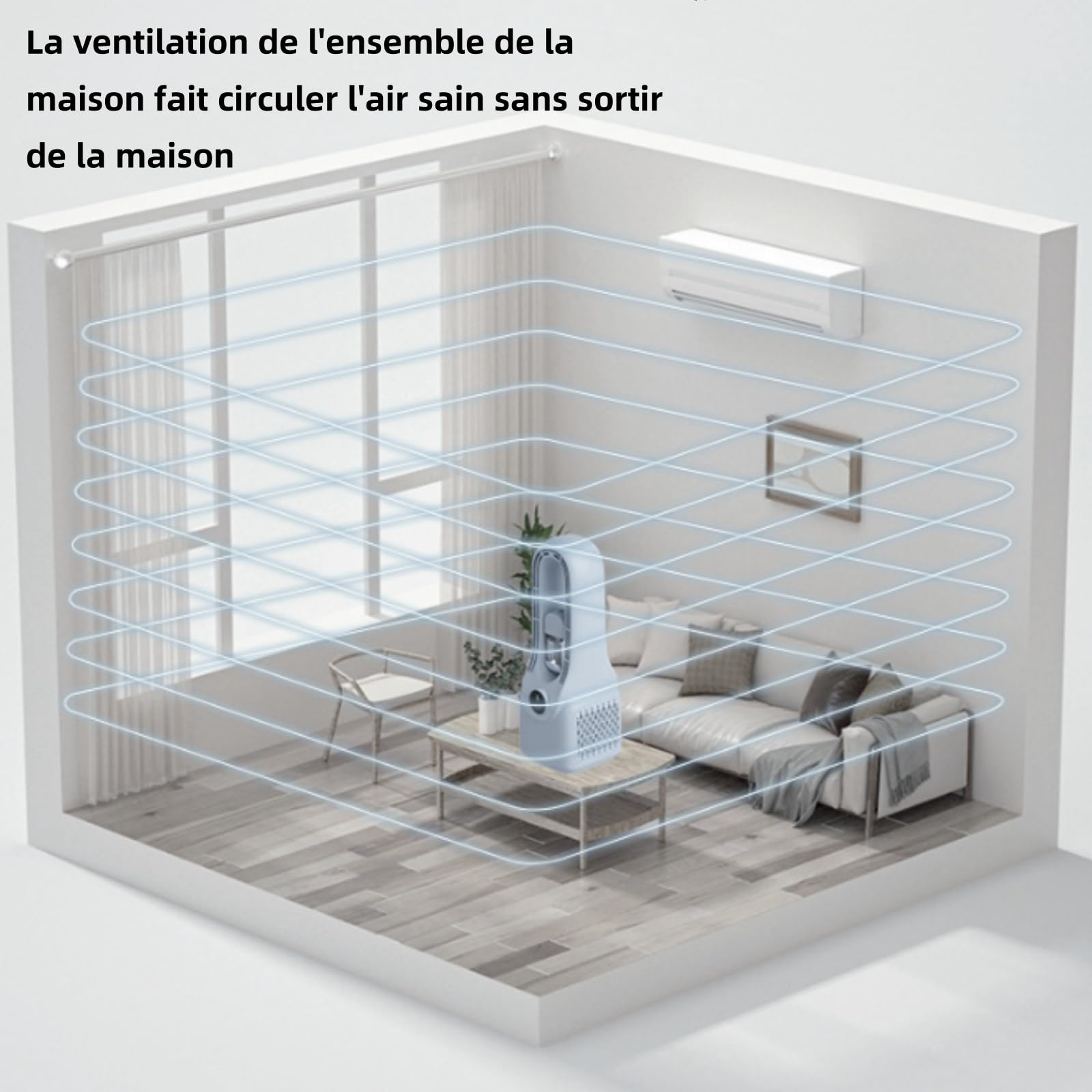 Purificateur d'Air 3-en-1 Portable, Ventilateur Humidificateur, Blanc, 33x12cm, 6 Vitesses, Batterie 6-8h, Écran LCD, Filtre Anti-Poussière, Chargement USB-C