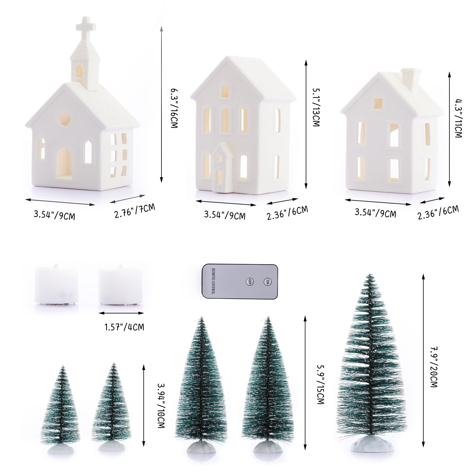Lot de 9 figurines de village de Noël – 4 maisons éclairées en céramique avec télécommande et 5 arbres – Décorations de Noël d'intérieur – Décoration rustique pour maison, table et chambre –