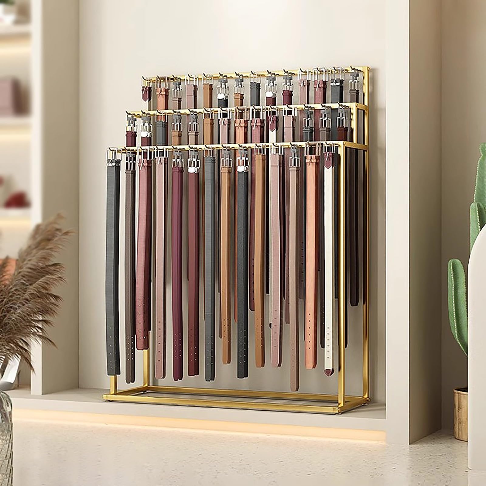 3-stöckiger goldfarbener Metallgürtelständer, bodenstehender Aufhänger für Krawatten, Schals und Geldbörsen, Bekleidungsgeschäft, Organizer, 60 x 40 x 150 cm, stilvolle Aufbewahrungslösung