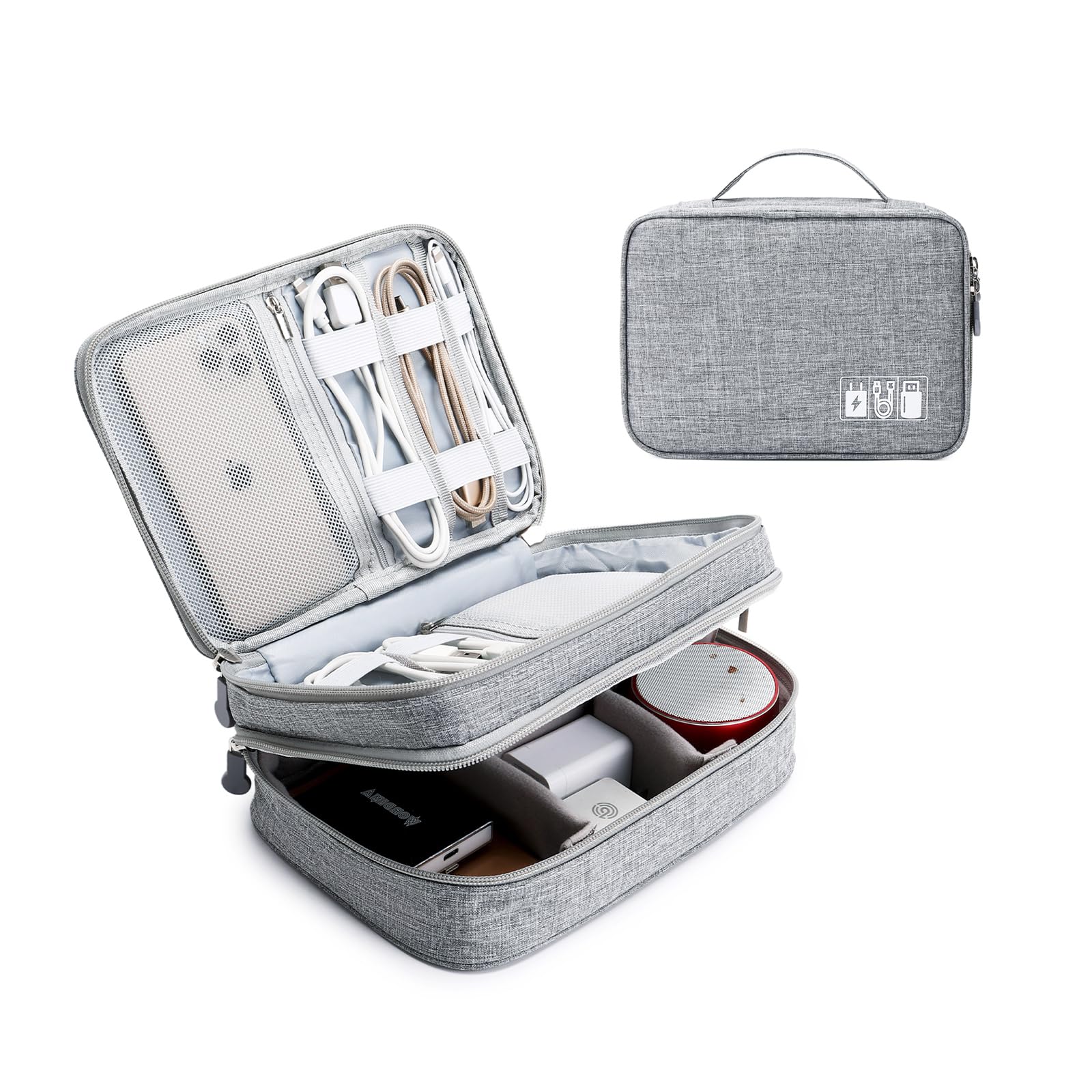 Travel Cable Organizer Bag, Electronic Accessories Case Portable Double Layer Cable Storage Bag for Cord,phone,Charger, Flash Drive, Phone, SD Card,Personal Items - (Grey)
