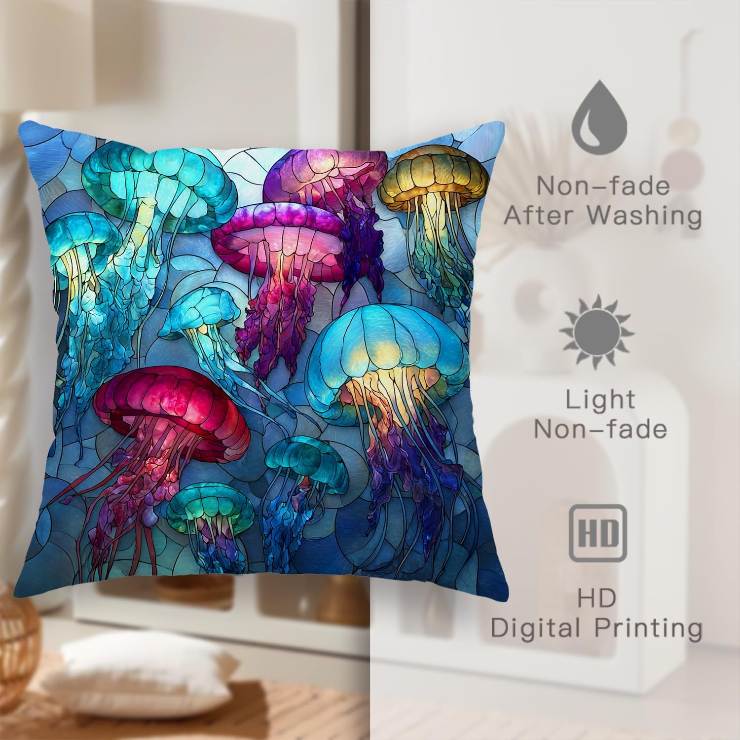 Colorful Jellyfish Throw Pillow Covers Set of 2, Ocean Inspired Decorative Cushion Cases for Home Sofa Bed Couch, Summer Beach Decor 24x24 Inch