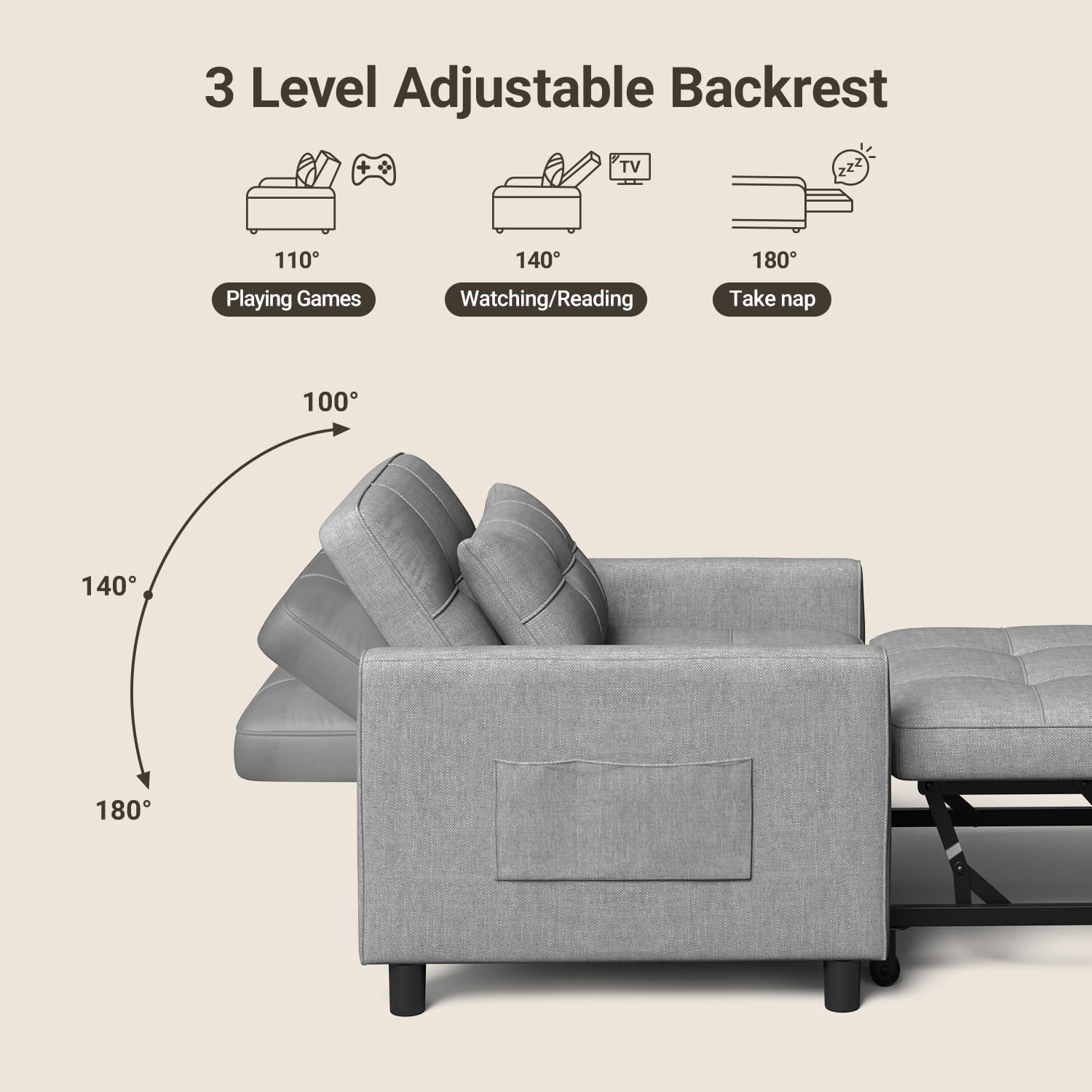 Xbro Schlafsessel 3-in-1-Convertible-Stuhl-Bett, Schlaferstuhl mit bettfunktion, Verstellbares Schlafsofa mit Kissen und Tasche, Sessel mit schlaffunktio für kleine Wohnung (Hellgrau)