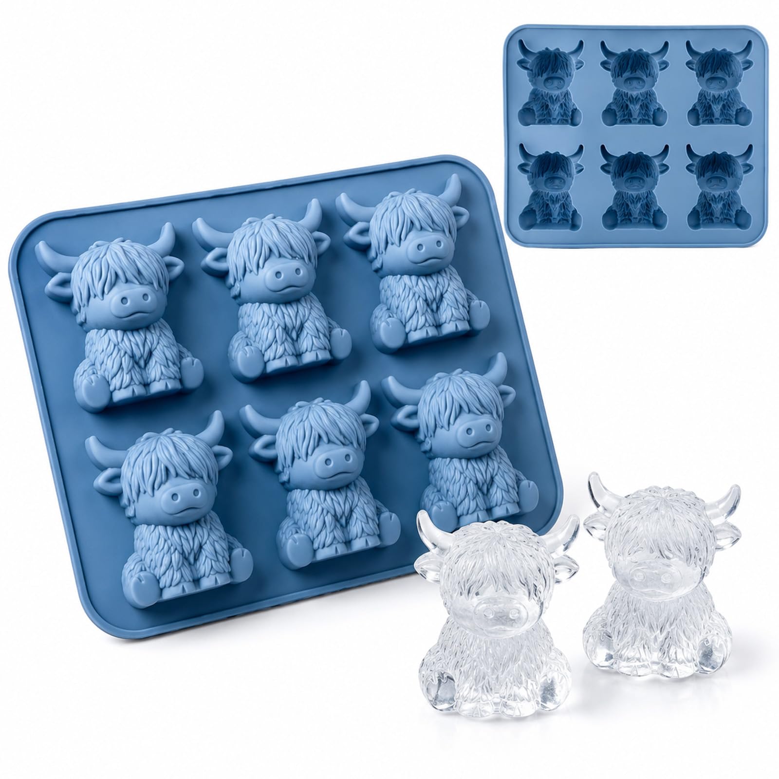 Lafefe Blue Highland Cow Ice Cube Tray Silicone, 6 Cavity Ice Cube Tray with 3D Cow Design, Food Grade Flexible Highland Cow Ice Cube Mold for Whiskey, Cocktails, Chocolate & DIY Baking