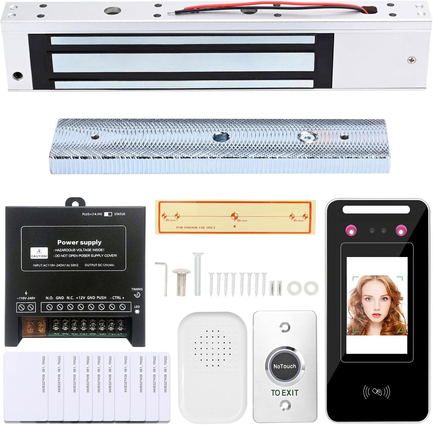 Access Control System Kit with Facial Recognition, 600lbs Magnetic Lock, Keypad/Card Entry, 10 ID Cards, AC110V-DC12V Power & Infrared Switch for Home/Business Security (Face ID 600LBS Kits)
