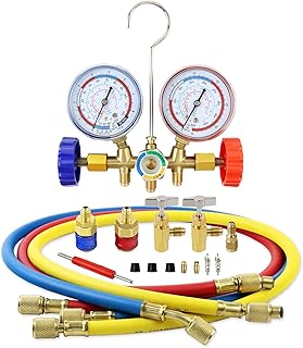 ADAFIRST AC Manifold Gauge Set, 3 Way Car HVAC R134a R404a Freon Diagnostic Charging Tool Kit, with Gauges Hoses Quick Coupler Adapter Can Tap, for Auto Air Conditioner Refrigerant Test and Recharge