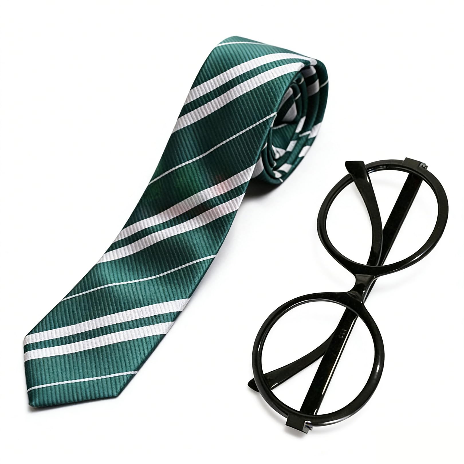 2 Pcs School Tie & Fake Glasses Set,Necktie & Black Round Glasses,Fancy Dress Party Halloween Theme Parties Cosplay Dress Up Pretend Outfits Costume Accessories for Adults Role Play Uniform (Green)
