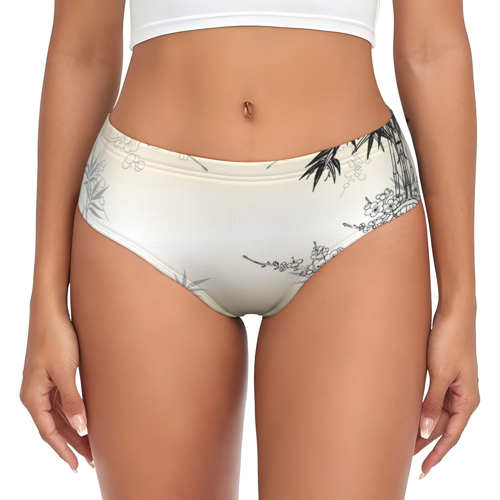 Apbdffjnf Women's Black Bamboo And Cherry Blossoms Tree Zen Underwear Pants Stretchy Briefs Breathable Comfy Panties For Daily Wear 3XL