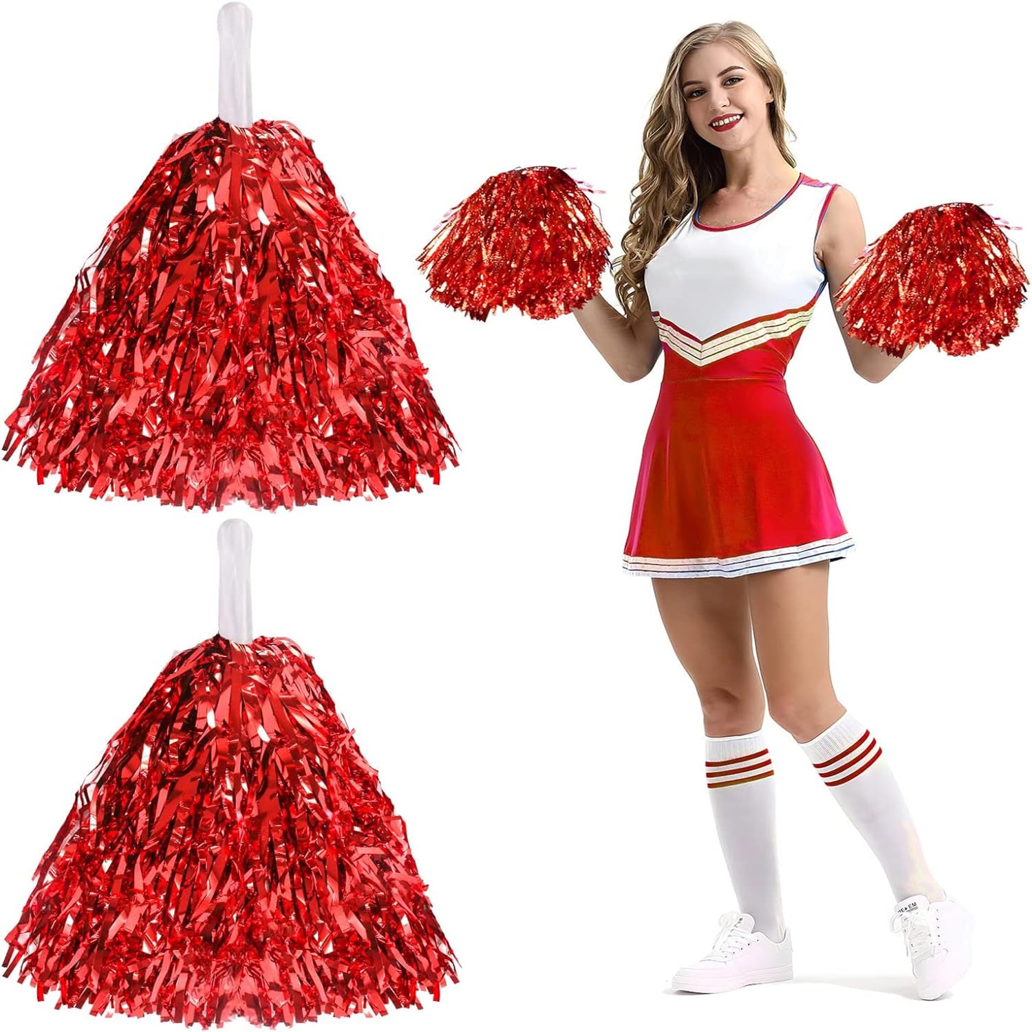 KOMUNJ Lot de 2 pompons de pom-pom girl avec poignée pour jeux de ballon, danse, fête (rouge)