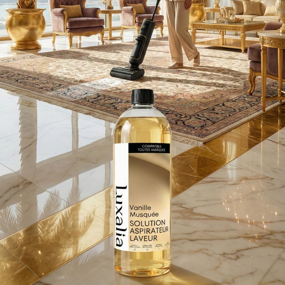 Solution Aspirateur Laveur Vanille Musquée - Compatible Toutes Marques - Nettoyant Sol - Nettoie, Parfume, Désodorise, Séchage Rapide - 1 Litre - LUXALIA