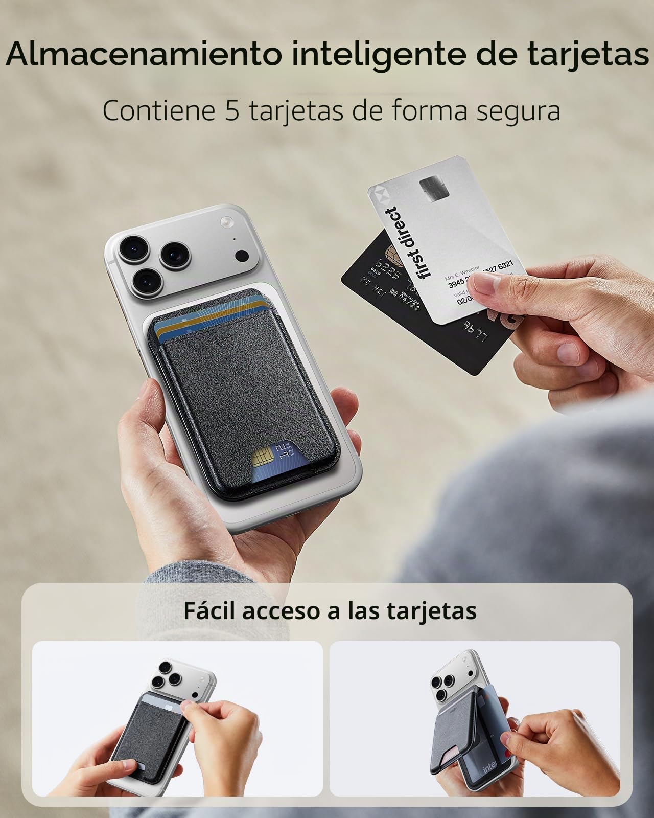 ESR para MagSafe Cartera, Compatible para Magsafe Wallet, Bloqueo RFID, Soporte Ajustable, 5 Tarjetas, Cuero Vegano,para iPhone Series iPhone 17e/17/16/15/14/13/12 y Algunos Dispositivos Samsung,Negro