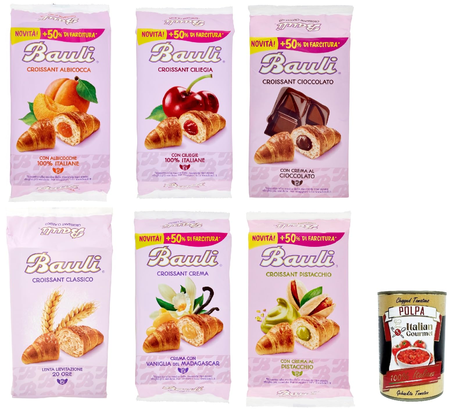 Bauli Testpaket Cornetti Croissant brioche kekse kuchen mit creme Custard, Pistacchio, Cioccolato, Albicocca, Classico, Ciliegia italien 6 packs + Itlaian Gourmet polpa 400g