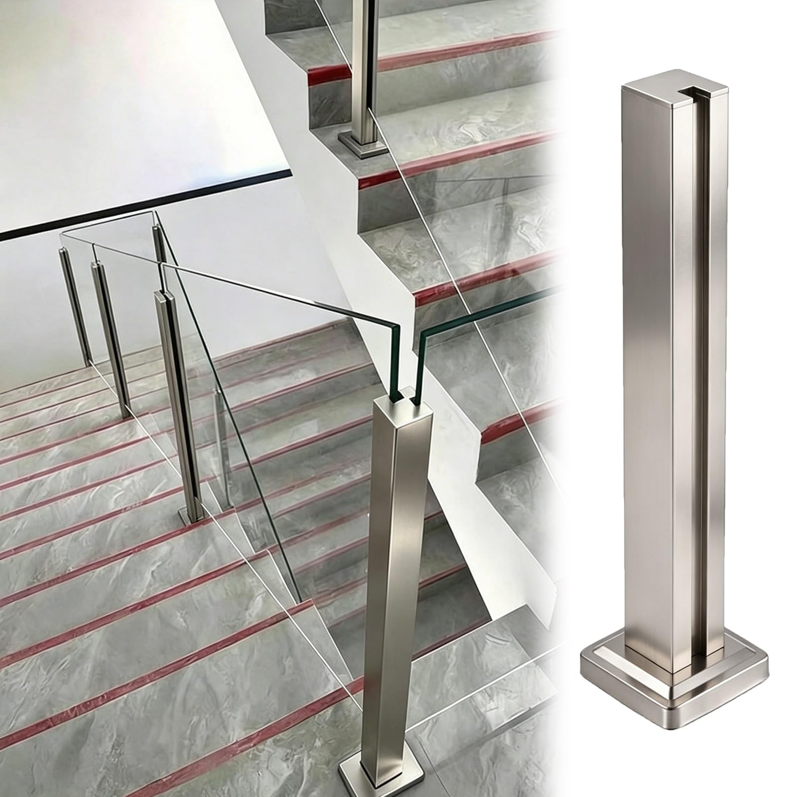 ZJKXJH Indoor Outdoor Glass Railing Post for Stairs, Frameless Panel Baluster Post for Patios/Balconies/Rooftop Terraces, No Drill In Glass(End Post-Silver,H-43.3"/110cm)