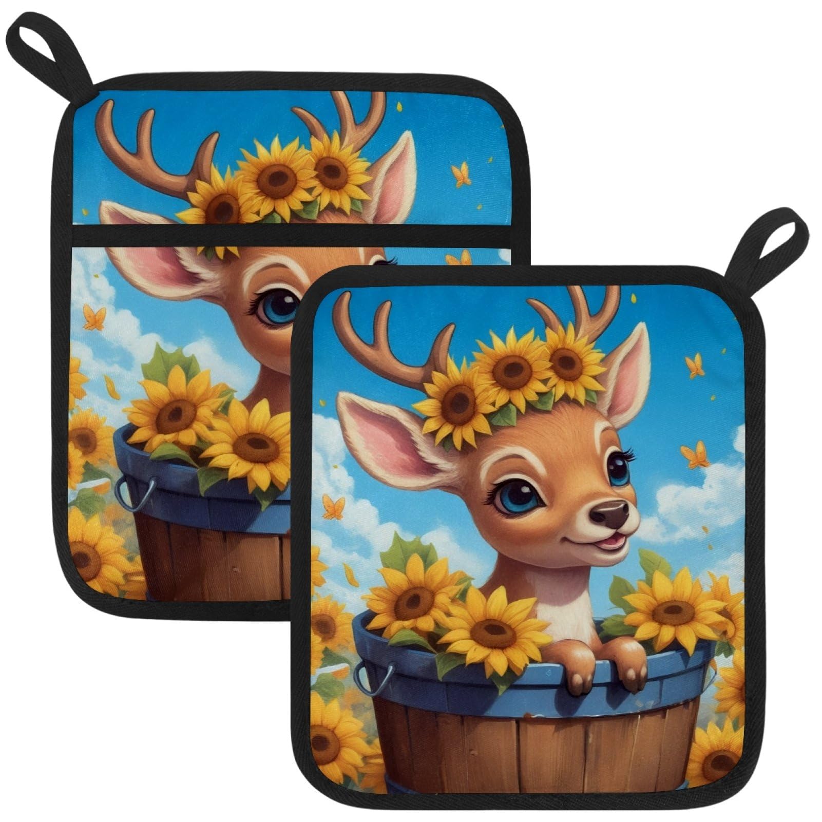 VAPOKF Deer Sunflower Pot Holders with Pocket for Kitchen Heat Resistant Potholders Large Polyester-Cotton Square Oven Mitts Set