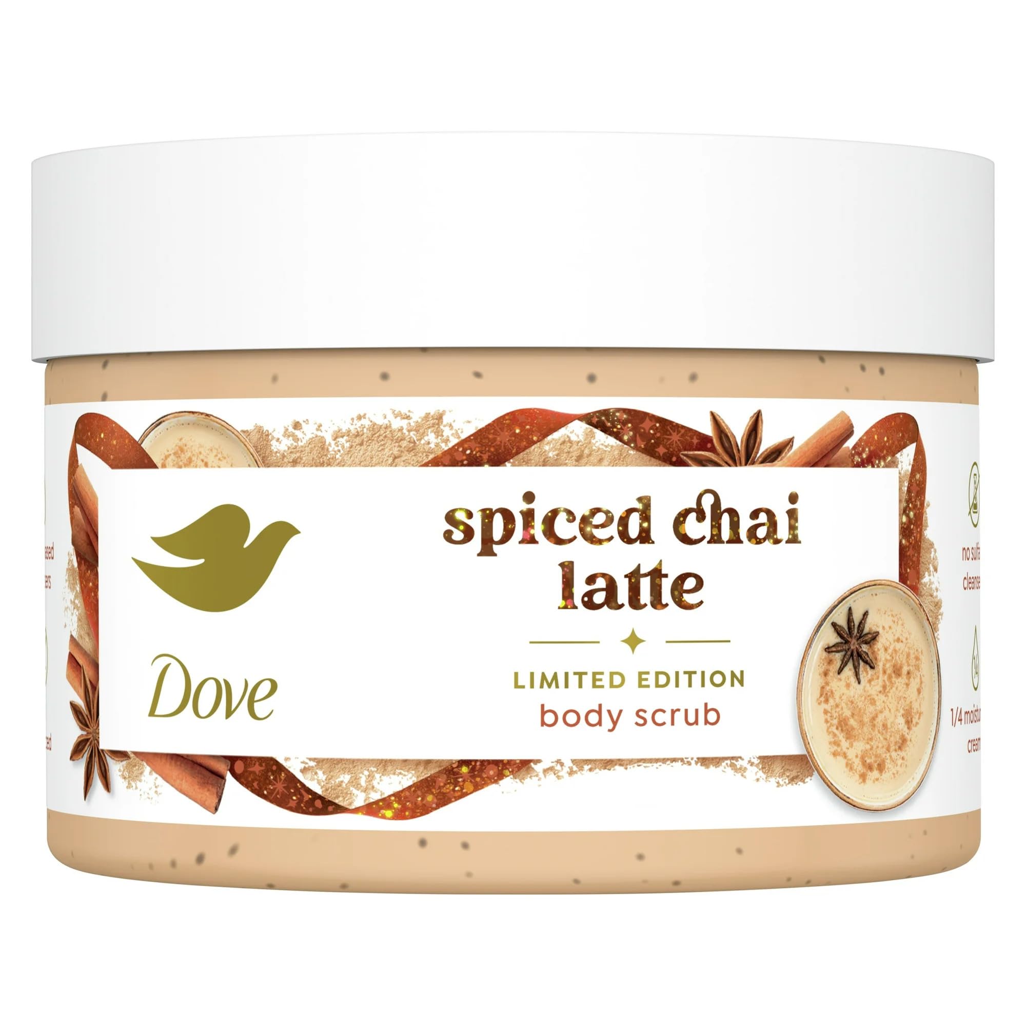 DoveExfoliating Body Scrub – Spiced Chai Latte, Deeply Nourishing Exfoliant with ¼ Moisturizing Cream, 10.5 oz