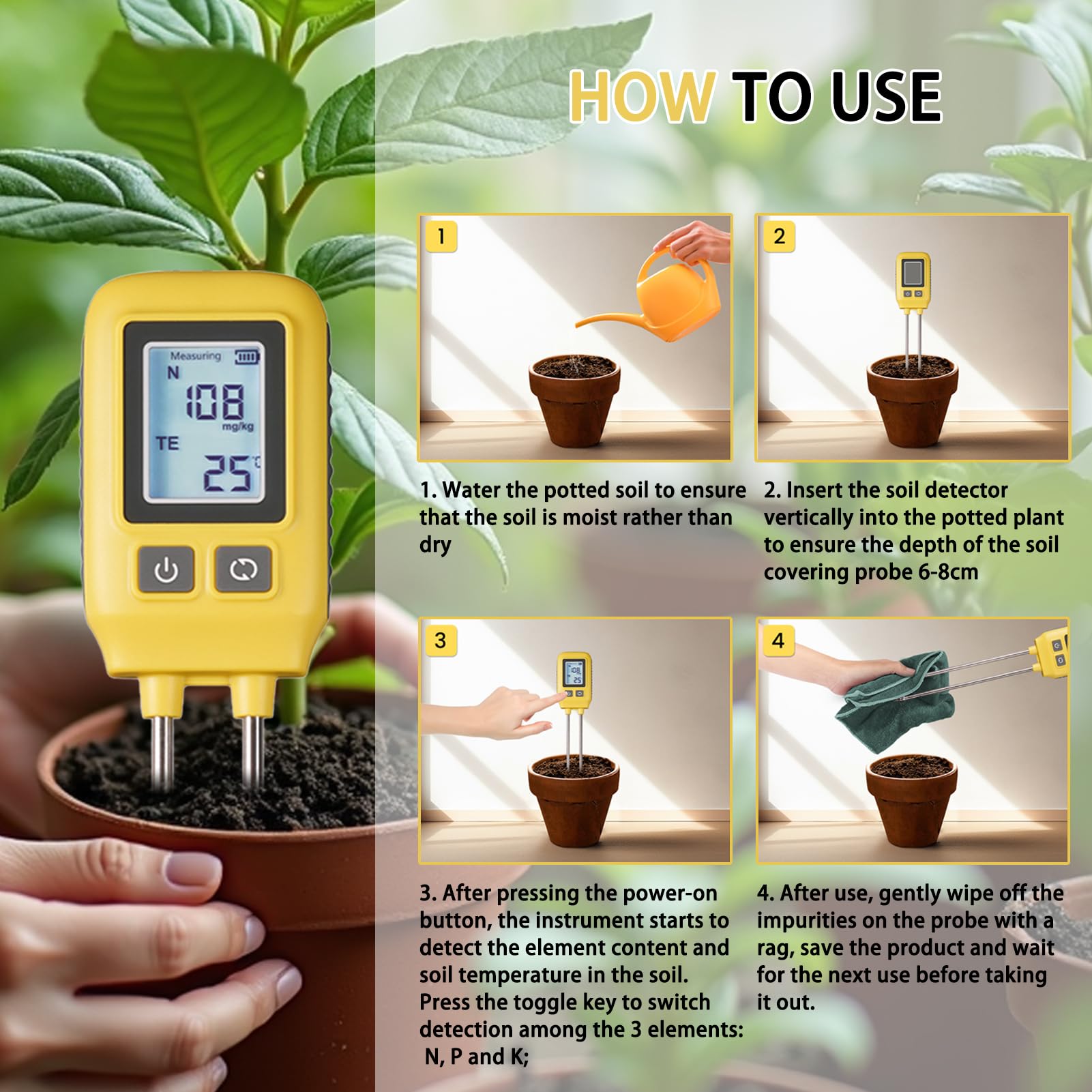 Medidor digital 4 en 1 para medición de nitrógeno, potasio y temperatura, analizador de humedad y nutrientes del suelo de alta precisión para cuidado de jardín y granja