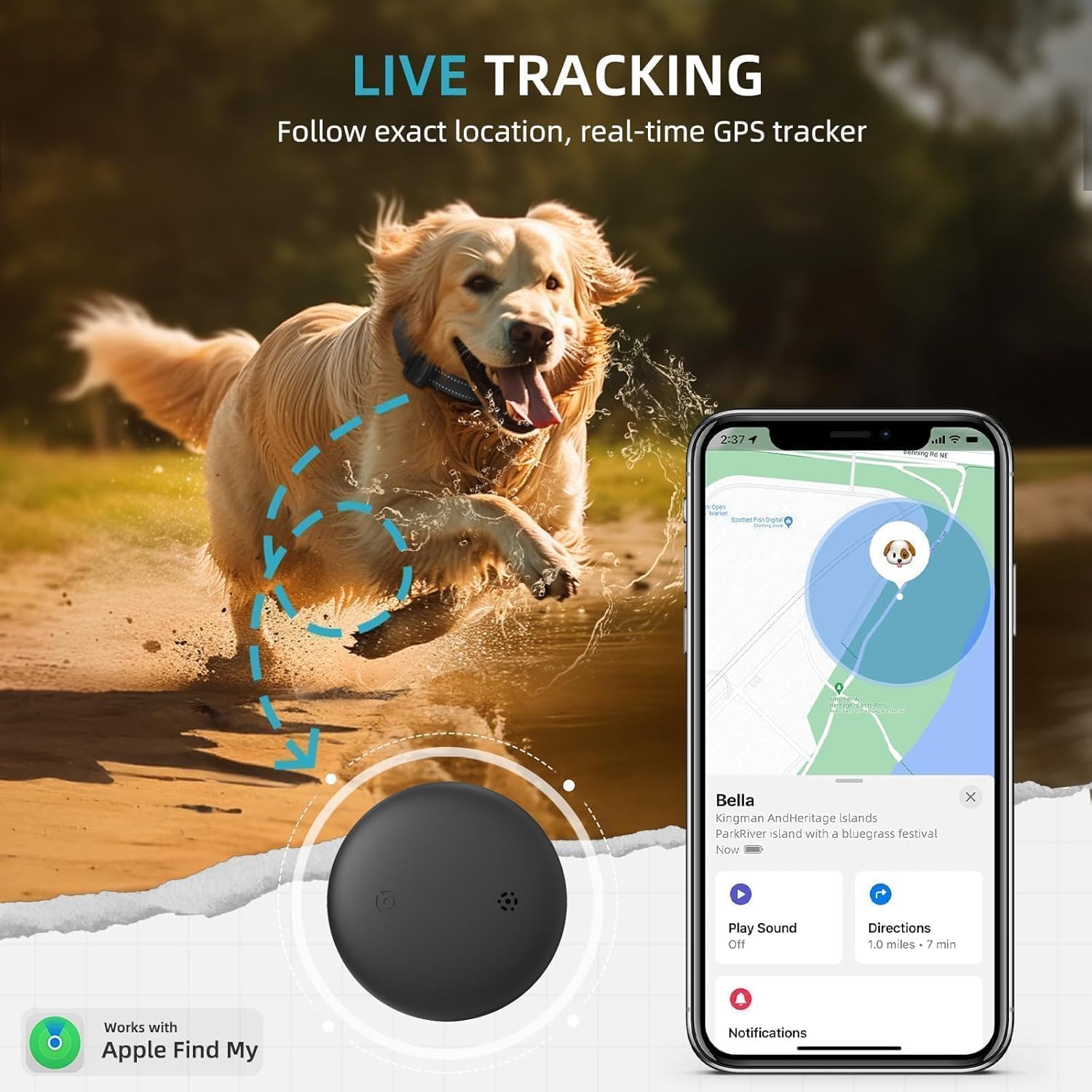 GPS Tracker for Dogs (1 Pack), Mini GPS Cat Tracker, Smart Pet Activity Tracker (iOS Only), No Monthly Fee, Compatible with Apple Find My, Anti-Lost, Finder Tag for Vehicles/Pets/Kids/Items
