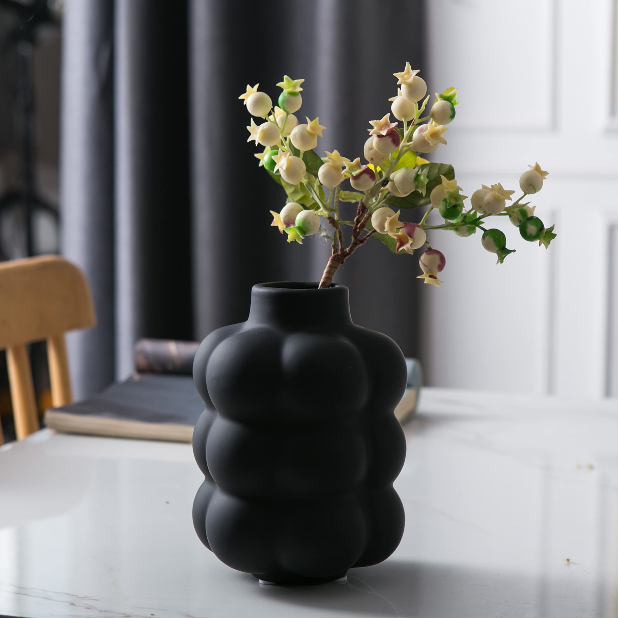 Mowtanco Black Ceramic Vase - Small Spherical Flower Vase for Centerpiece, Three Floors Design for Modern Home Decor, Boho Decorative Vase - 6.7" Tall