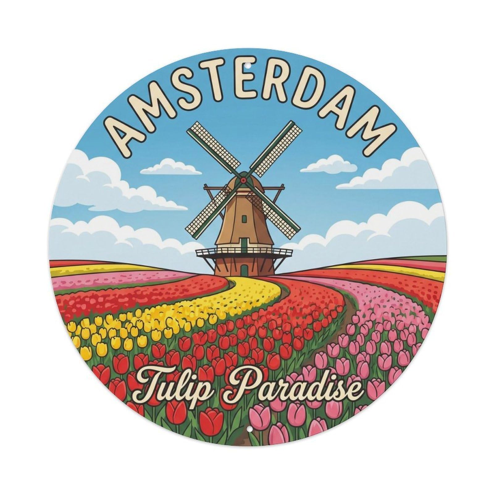 Amsterdam Windmill Tulips Vintage Dutch Travel Countryside Metal Tin Sign Plaque Wall Decor for Cafe, Man Cave, Club Bar, Office, Home Garden Round Metal Poster 8x8Inch