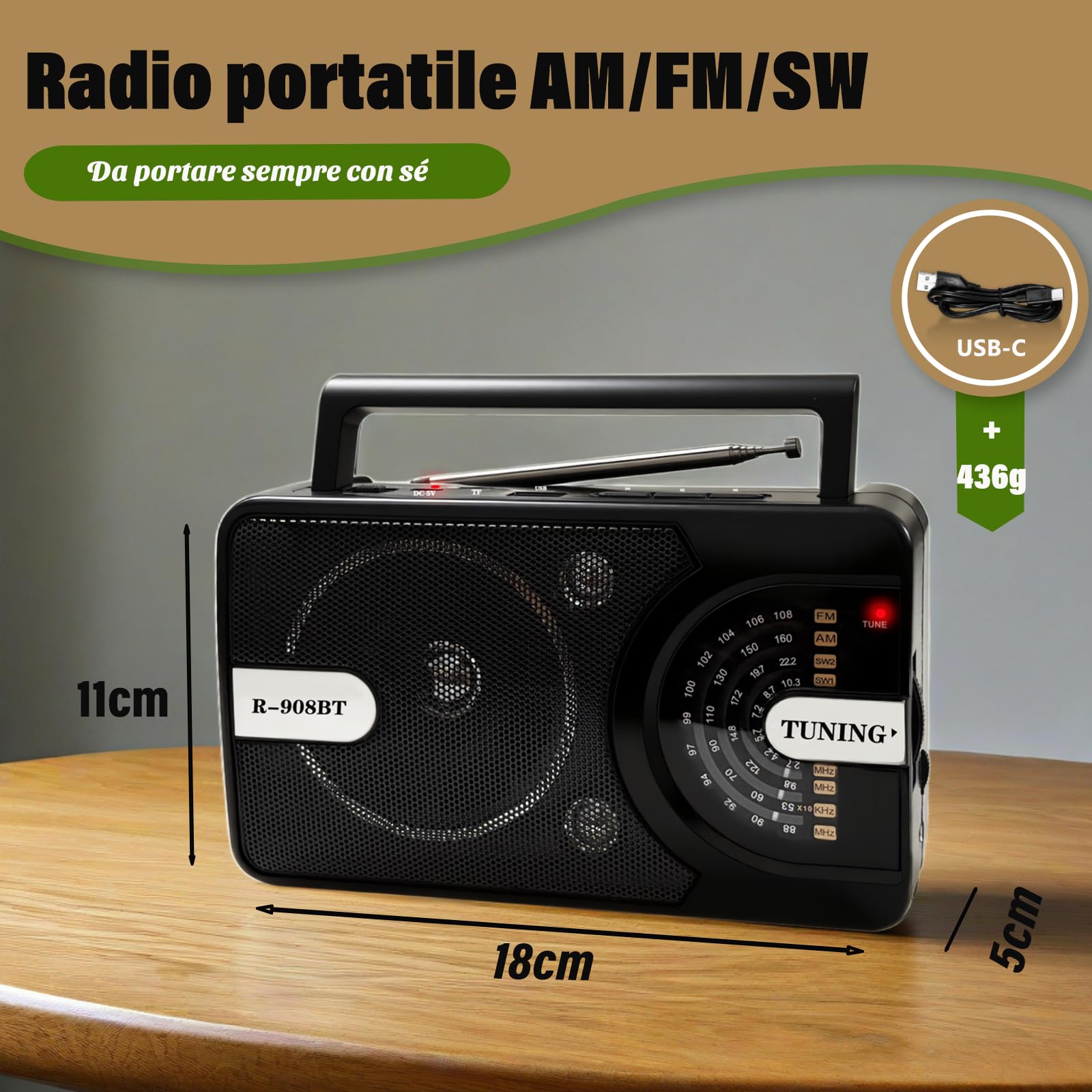 Radio Portatile con Bluetooth/USB/TF, AM/FM/SW1-2 Radiolina Portatile Ricaricabile con Batteria Ricaricabile 1200mAh & Antenna 360° e Maniglia – Ideale per Camping, Viaggio, Casa