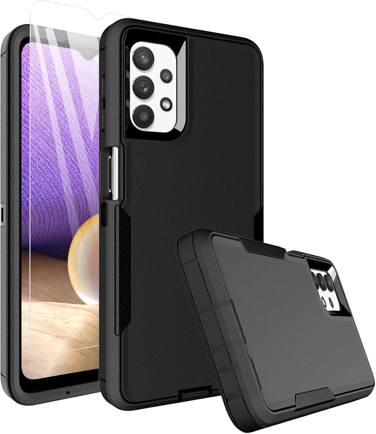 Dahkoiz for Samsung Galaxy A32 5G Case with Tempered Glass Screen Protector and Dust-Proof Port Cover, Work with Magnetic Car Mount, Full Body Protection Silicone Rubber Phone Case, Black