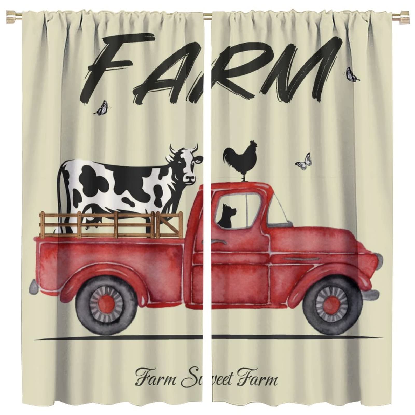 Farm Car Curtain,Rustic Farmhouse Cow Vintage Style Blackout Rod Pocket Window Drapes for Living Room Bedroom Kitchen Bathroom Decor W42xL45in