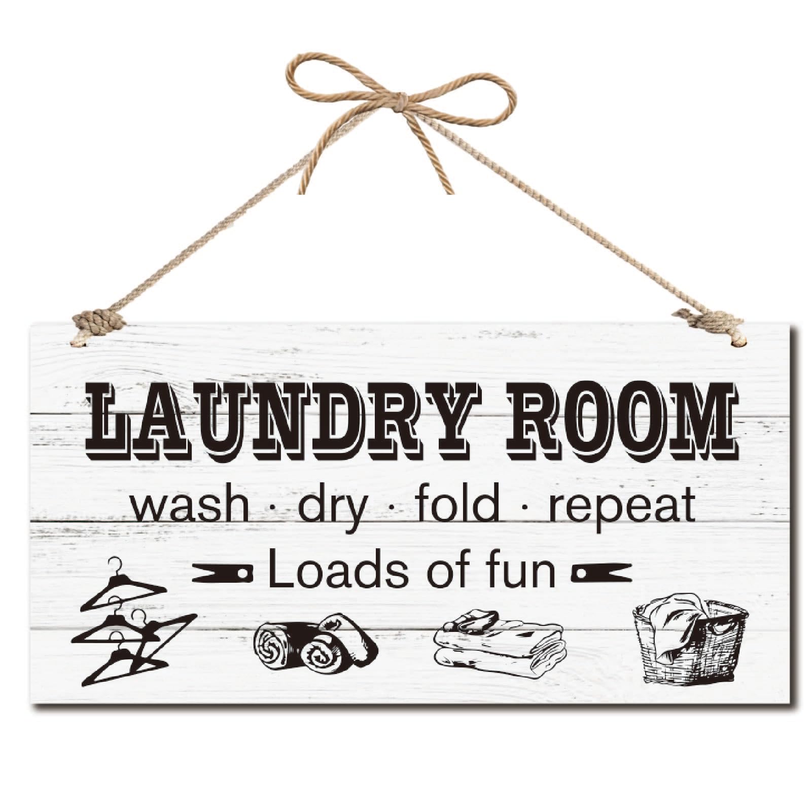 CREATCABIN Wooden Wall Sign Rustic Laundry Room Hanging Sign White Wood Laundry Room Personalized Hanging Decor with Jute Twine for Front Door Home Decoration Farmhouse Family Bathroom 12x6in