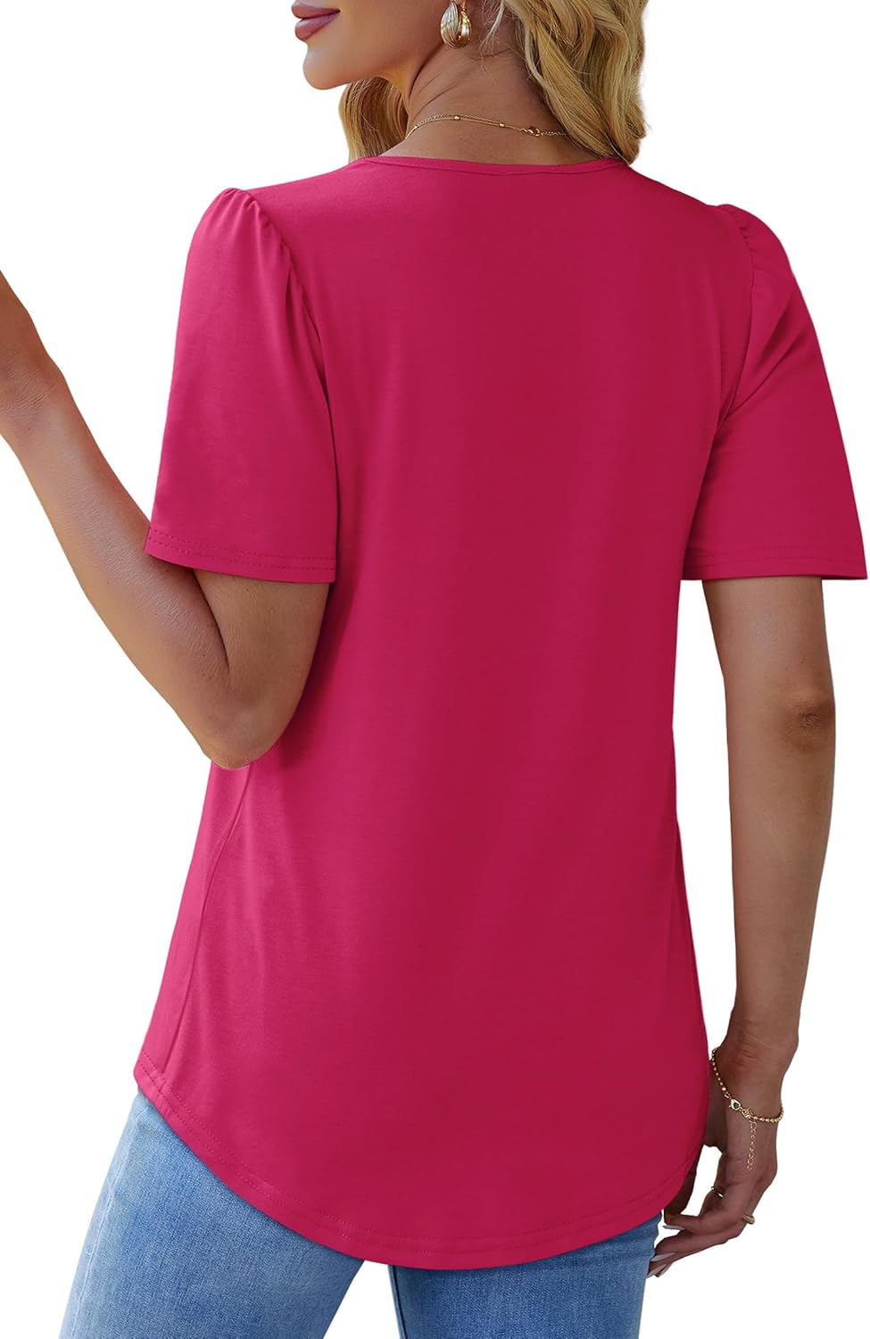 OFEEFAN T Shirts for Women Pleated Square Neck Dressy Casual Blouses Puff Short Sleeve Summer Tops Loose Fit - Image 5