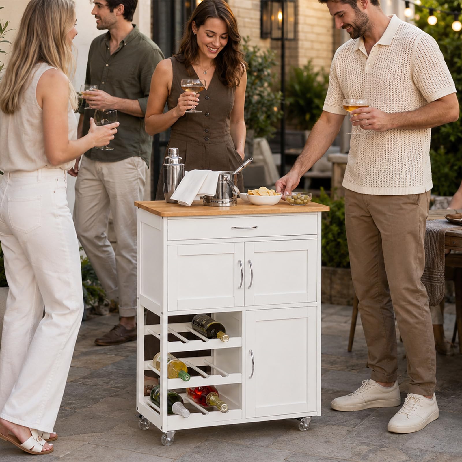 SoBuy Meuble Cuisine à roulettes freinées & Plan, 67x86x38cm, pour Cuisine | Desserte Cuisine avec tiroir, casier à vin 3 niveaux & porte-serviettes, charge 60 kg, MDF/PB, coin repas/extérieur, FKW45-WN