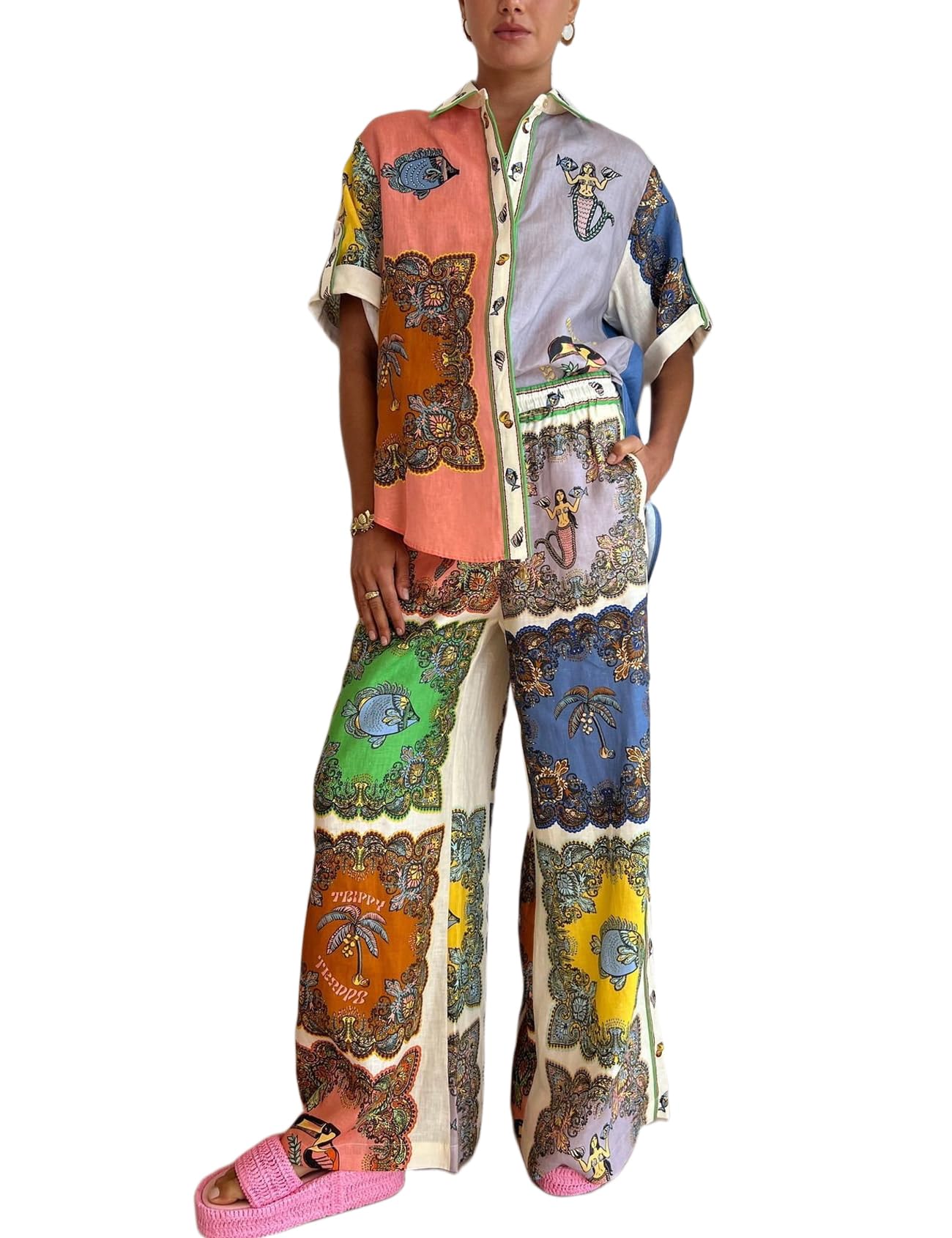 Perbai Womens 2 Piece Linen Sets Short Sleeve Button Down Shirt Wide Leg Pants Lounge Sets Boho Print Summer Matching Sets