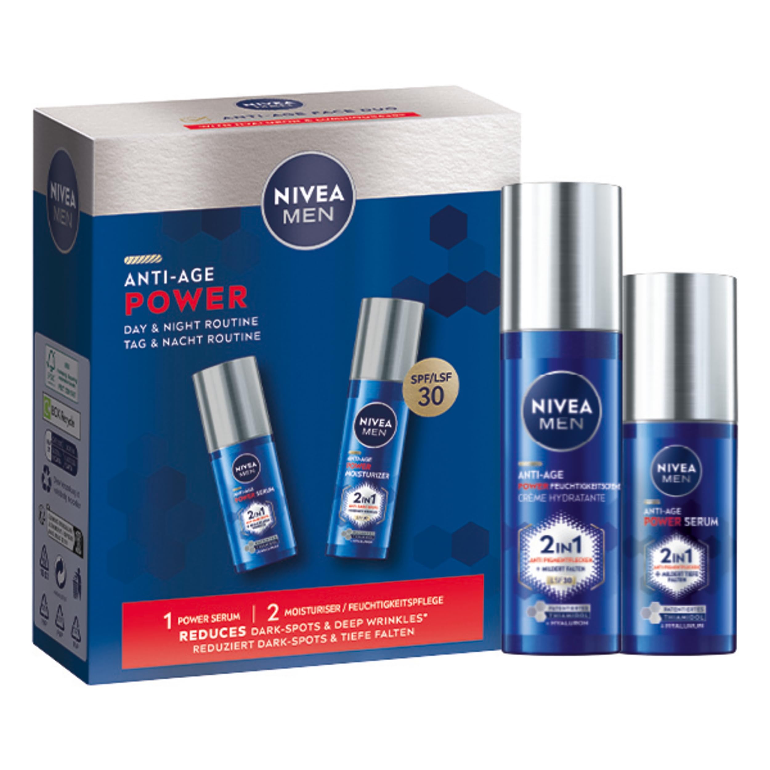 NIVEA MEN Anti-Age Gesichtspflege Set – Geschenkset mit Anti-Age Power Serum (30 ml) und Feuchtigkeitscreme (50 ml) – Pflegeset für jünger aussehende Haut in 2-4 Wochen