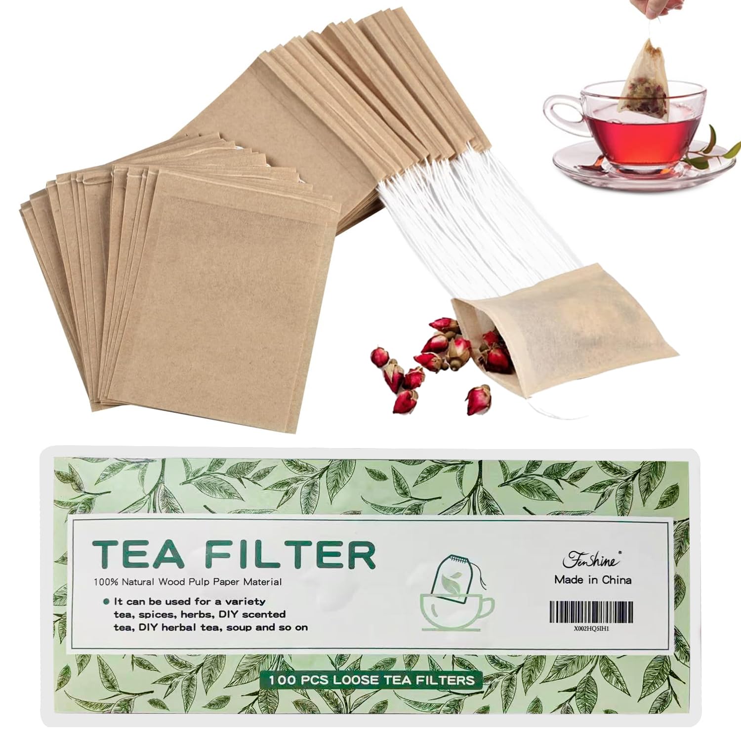 100Pcs Disposable Tea Bags for Loose Leaf Tea, 100% Natural Wood Pulp Paper Material, Empty Unbleached Filter Bags with Drawstring