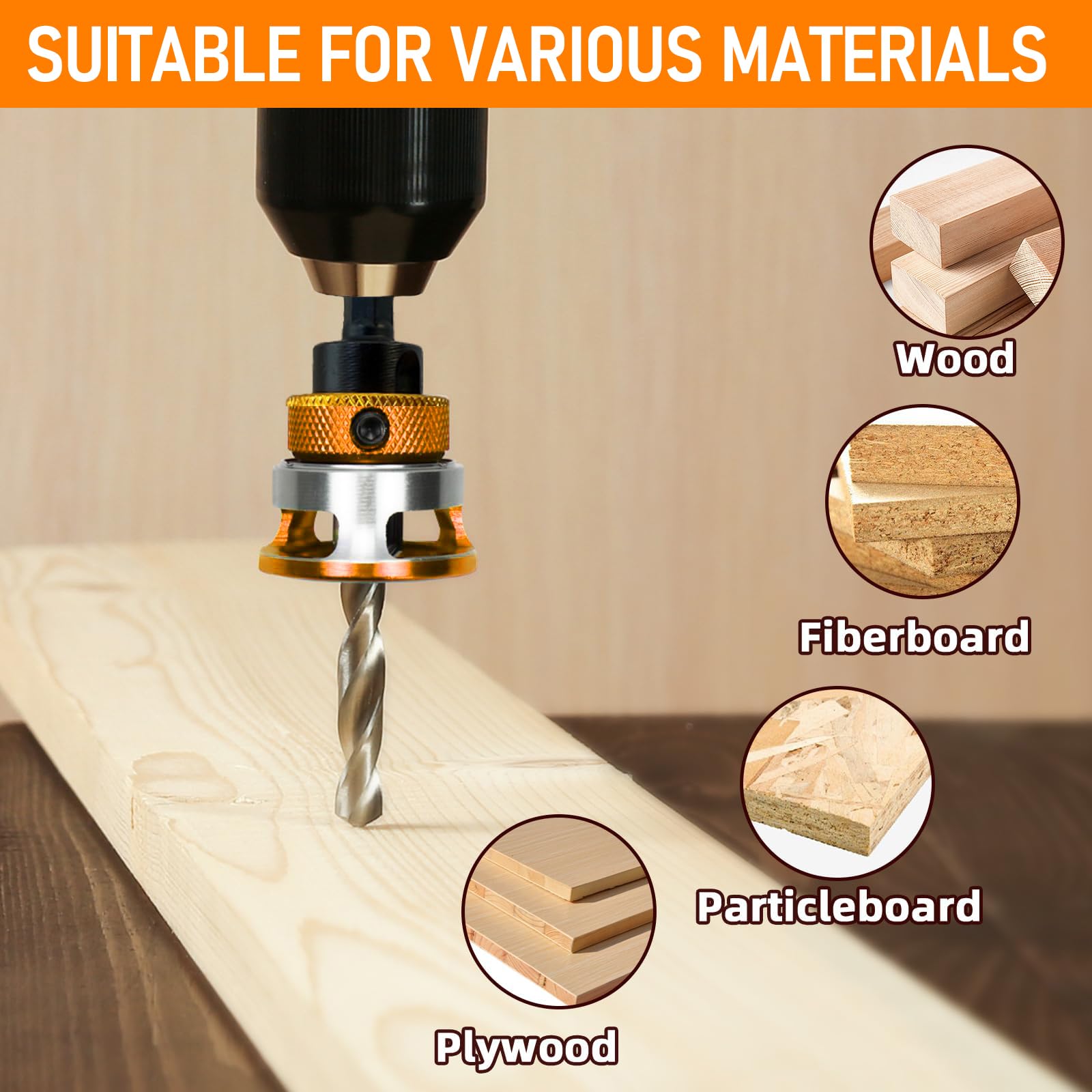Countersink Drill Bit Set with Depth Stop 4PCS, HCS Four Blades Countersink Bits with Adjustable Depth Stop and L Shape Wrench, Wood Countersink Bit Set for Wood, Plastic, Woodworking