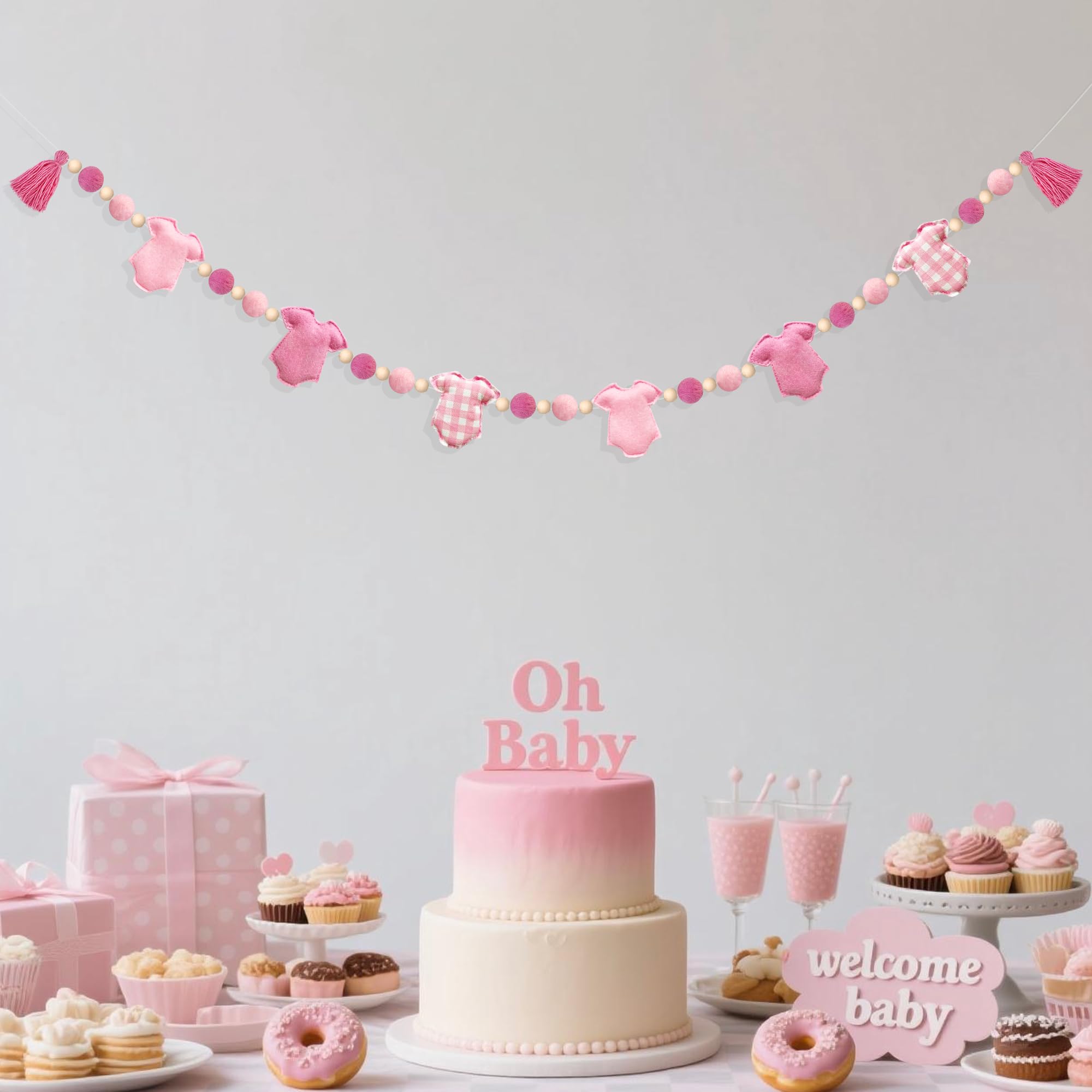 Rosa karierte Babykleidung, Dekorationen, vorbespannt, handgefertigte Filz-Babykleidung, Wollfilzkugel, Holzperle, Banner, Girlande für Mädchen, süßes Baby, Mädchen, Babyparty, Party, Kinderzimmer
