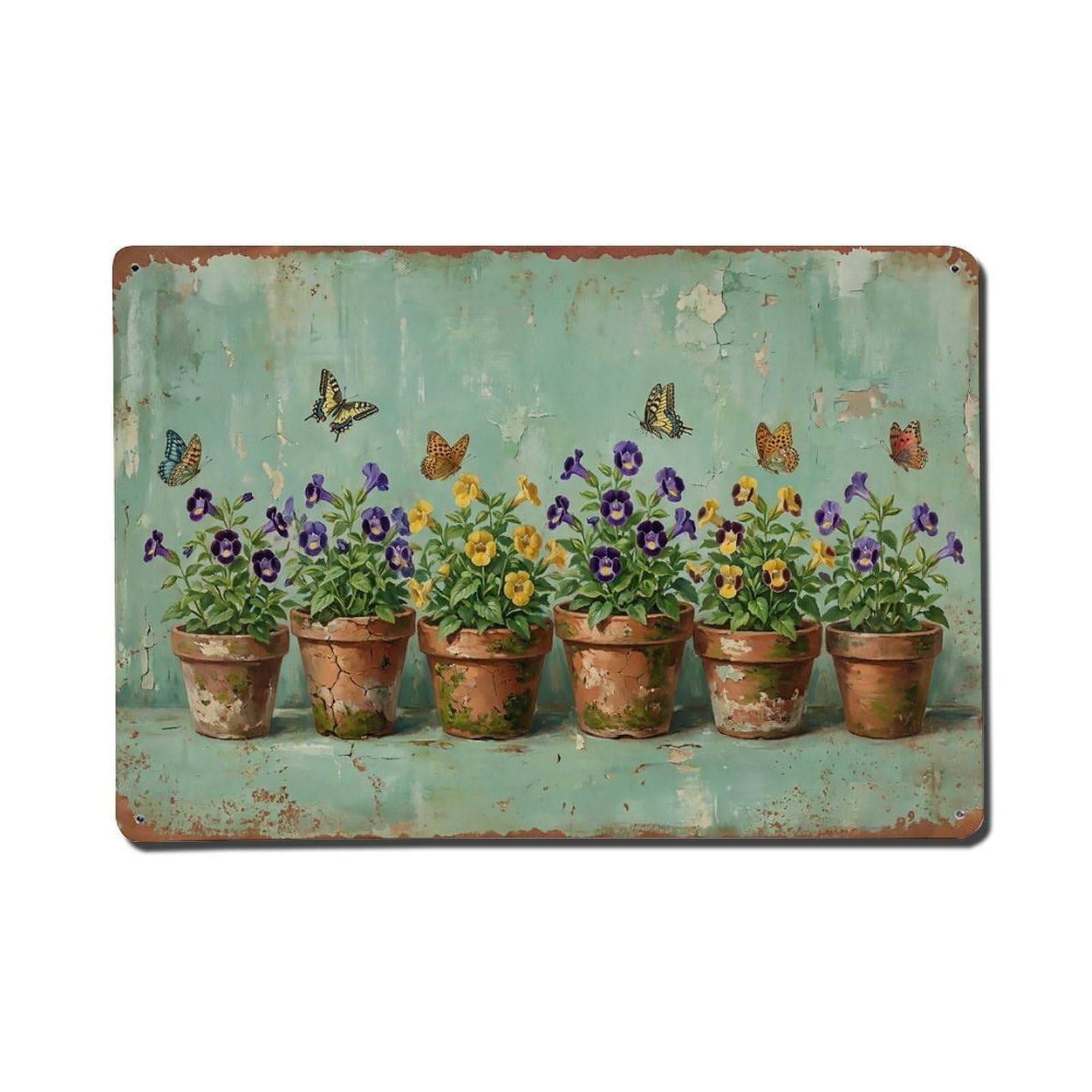 Vintage Rustic Flower Potted Plants Torenia Metal Tin Sign