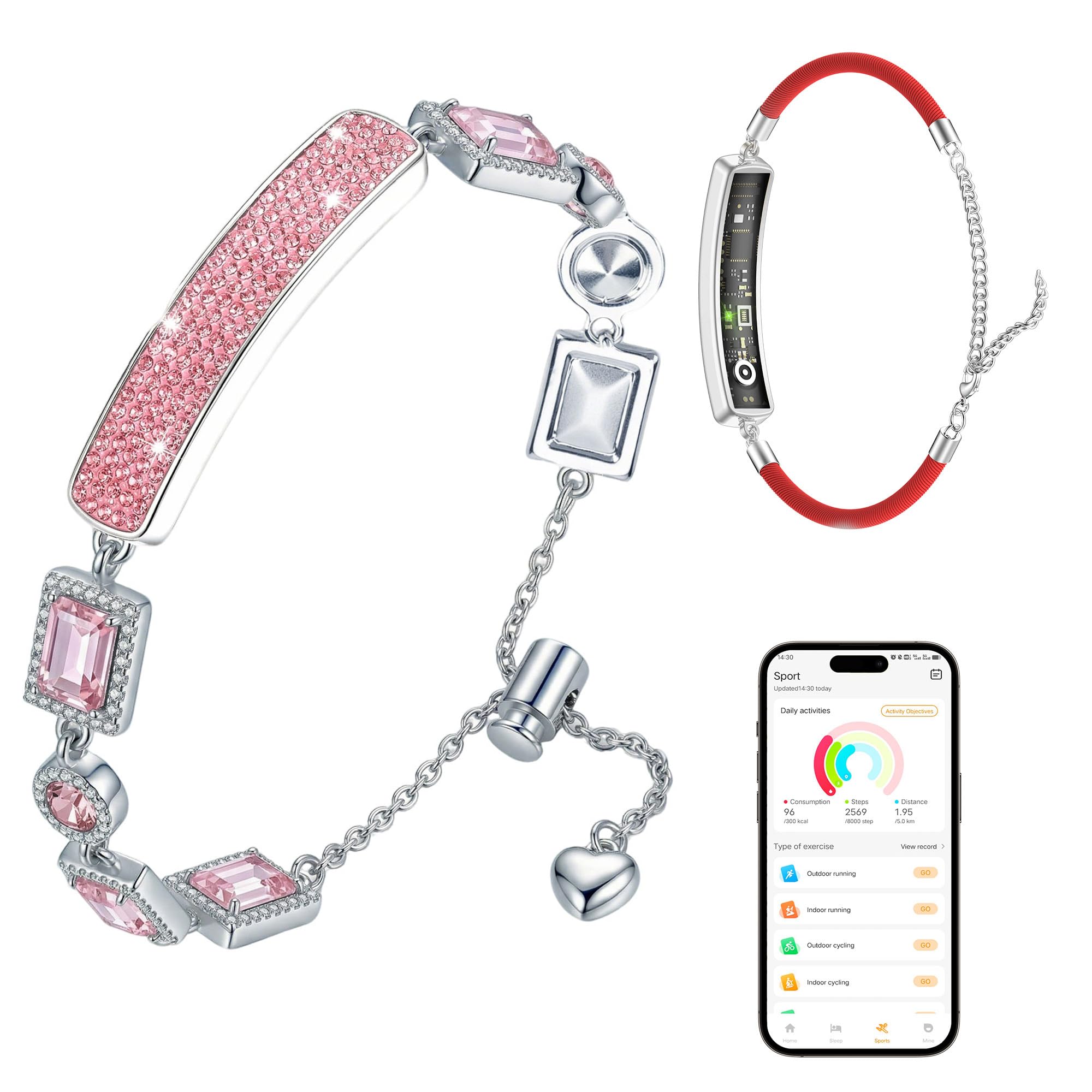 2-in-1 Crystal-Inlaid Smart Bracelet for Women, Jewelry Fitness Tracker with Heart Rate, Sleep &amp; Cycle Tracking, IP68 Waterproof, Interchangeable Bands (Silver Rose Quartz)
