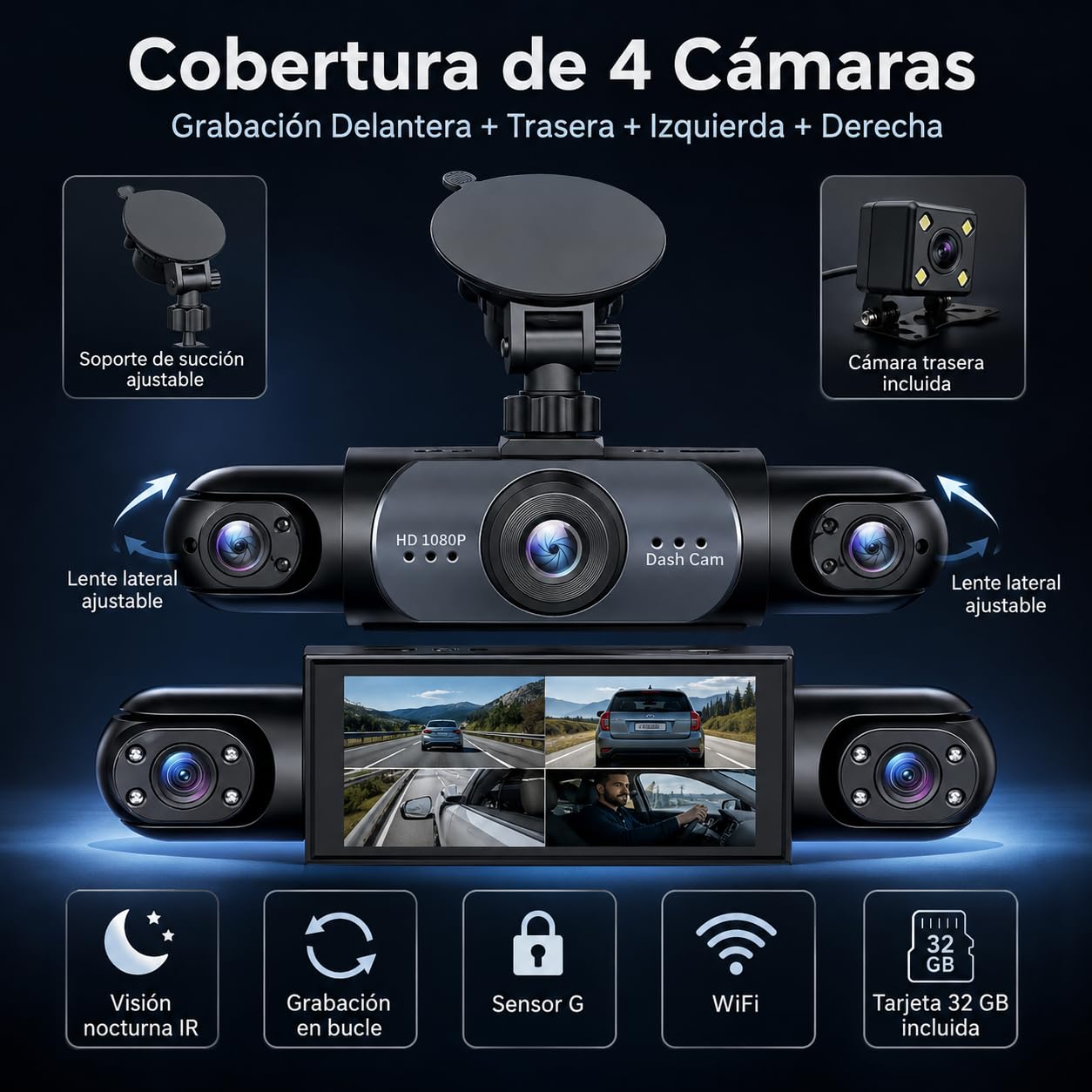 Dash CAM 4 Canales para Coche, Cámara de Salpicadero 360° FHD 1080P con WiFi y Pantalla 3,16", Visión Nocturna IR, Grabación en Bucle, Sensor G, Modo Parking, Tarjeta SD 32GB