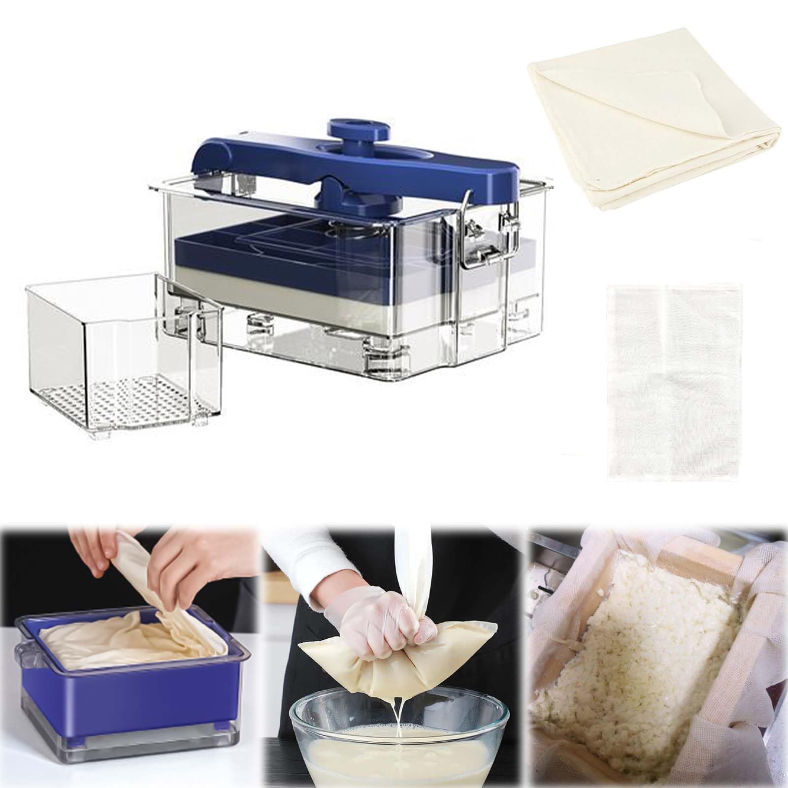 Tofu Press, Tofu Maker to Speed up Removing Water from Silken, Firm, and Extra Firm Tofu in 20mins without Crack Tofu Mold with 2 Sizes Mold, 1 Cheese Cloth, 1 Filter Bags (Dark Blue)