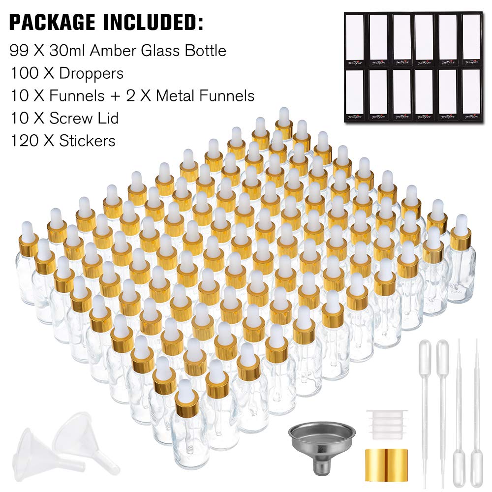 PrettyCare - Flacone contagocce da 28,3 g (confezione da 99 flaconi in vetro trasparente da 30 ml con tappi dorati, pipette in plastica extra misurate, etichette, imbuto), per oli essenziali