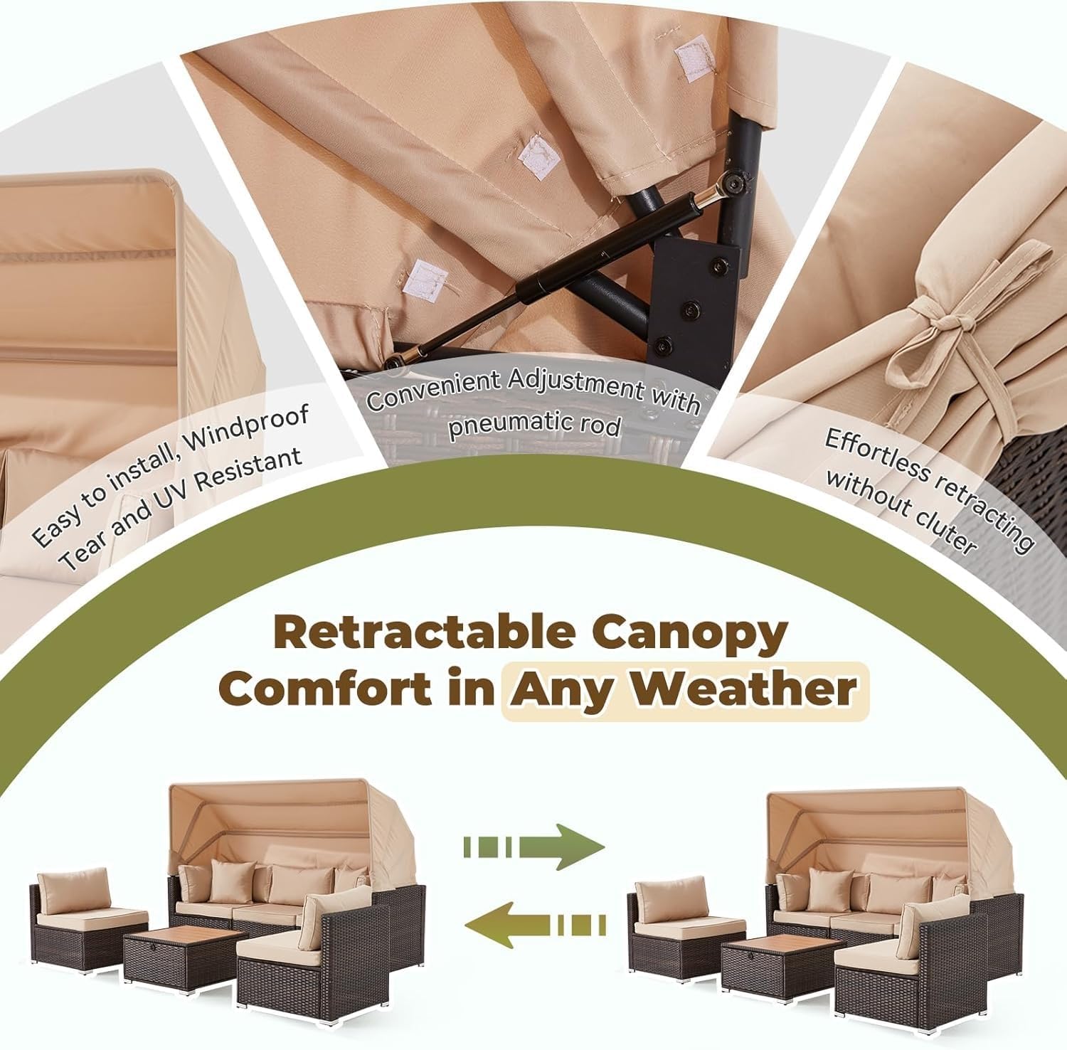 6 Piece Outdoor Patio Furniture Set with Sectional Sofa and Retractable Canopy, Adjustable Backrest Patio Conversation Sets for Backyard, Deck, Garden Lounge Seating