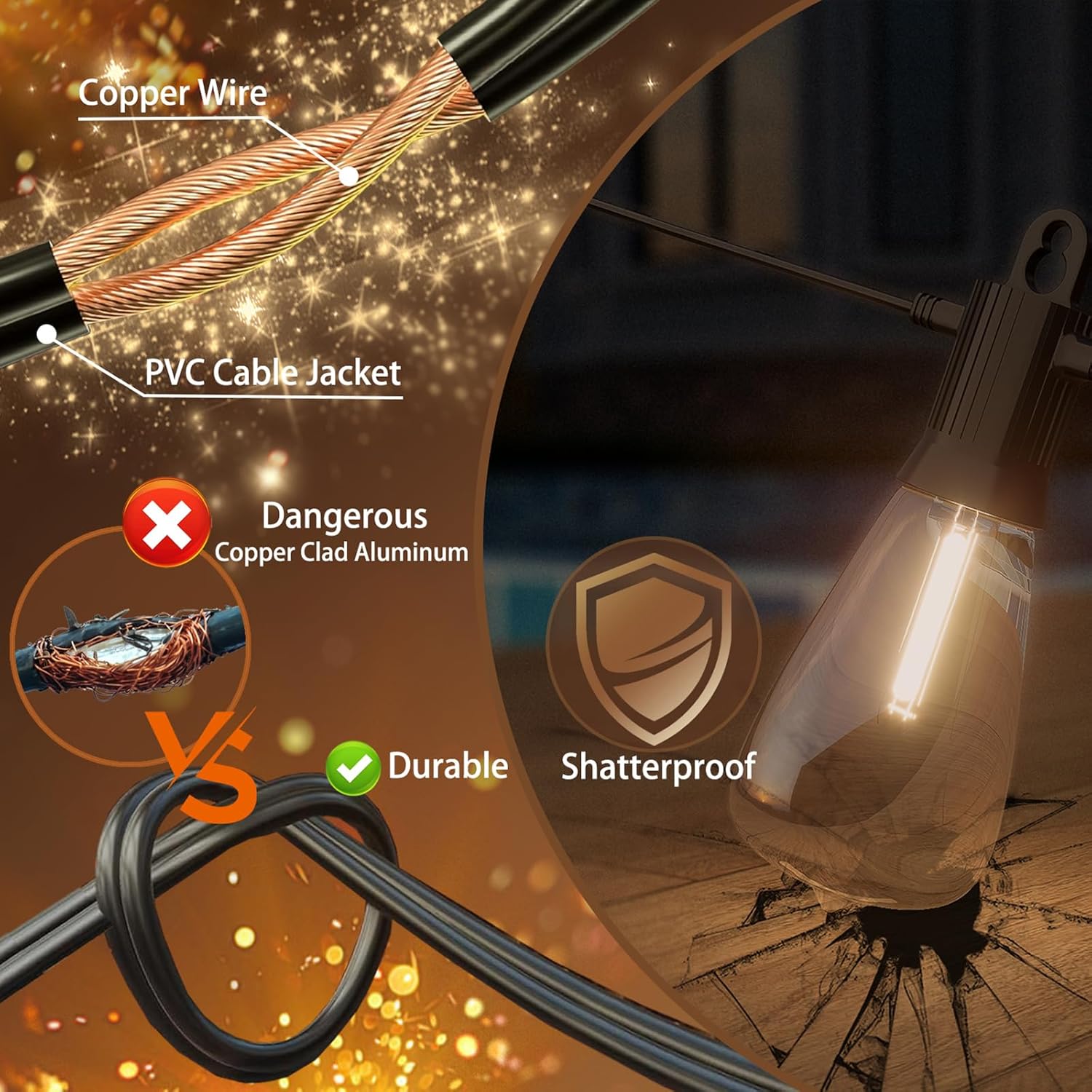 LED Outdoor String Lights 100FT, Waterproof Patio Lights with 52 (50+2 Spare ST38 Shatterproof Replaceable Bulbs), Connectable Dimmable Outside Hanging Light for Porch Garden Deck Bistro Backyard