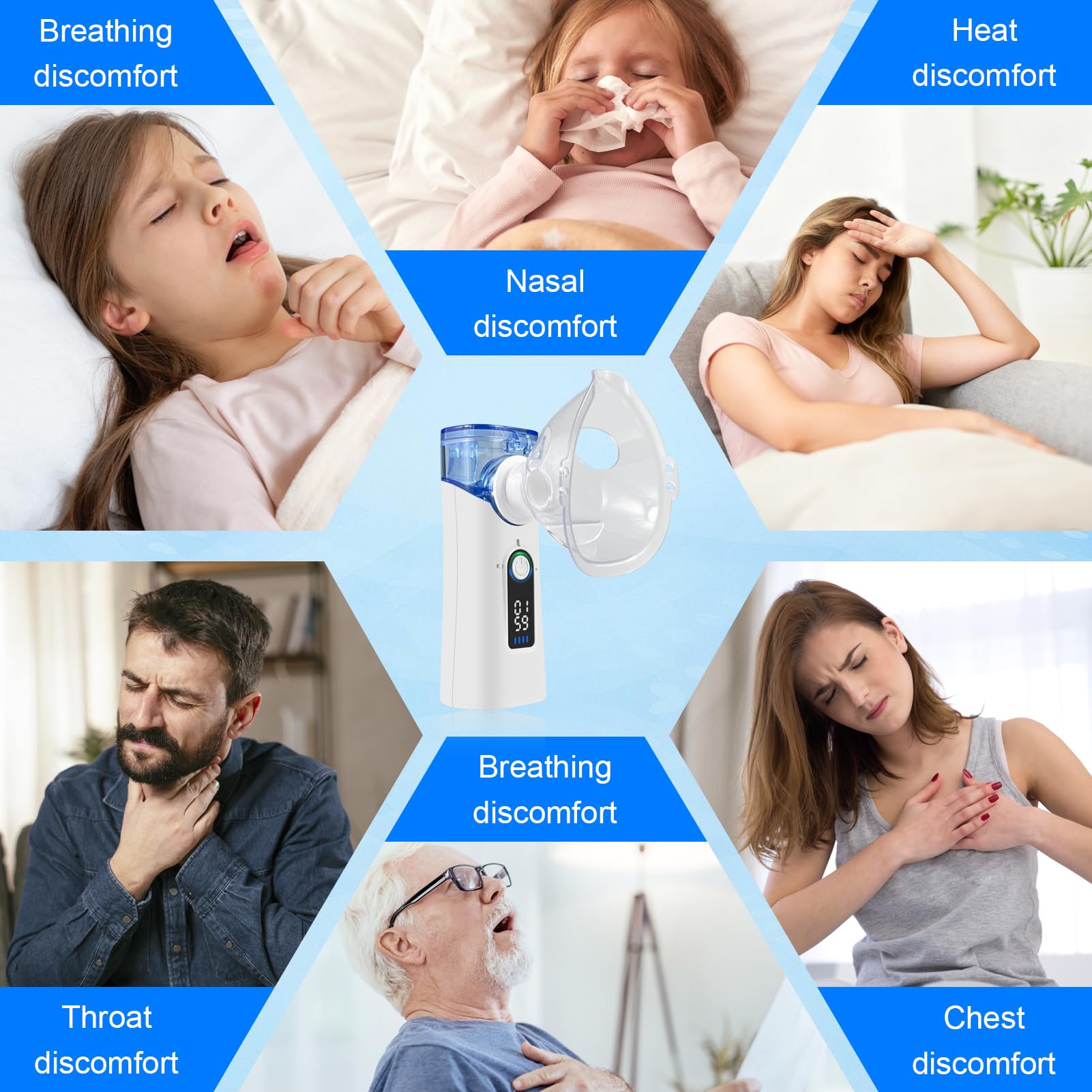 Aerosol Portatile Silenzioso, Aerosol Ultrasuoni Ricaricabile USB-C con Autopulizia, Macchina Aerosol con Nebulizzazione Regolabile, 2 Maschere e Boccaglio per Adulti e Bambini, Casa e Viaggio
