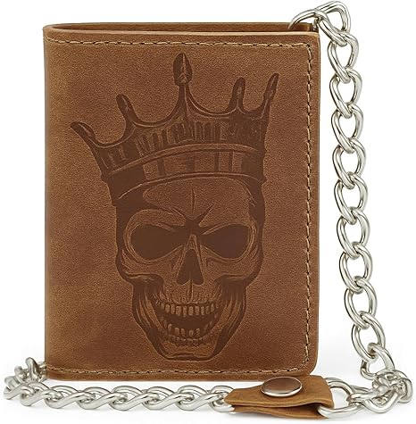Leather Trifold Wallet - Vintage Skull Wallet For Men - Rugged Men's Purse w/Steel Chain - Durable Men's Wallets w/Snap Closure, Multiple Card Slots, ID Slot & Zipper Pocket (Tan)