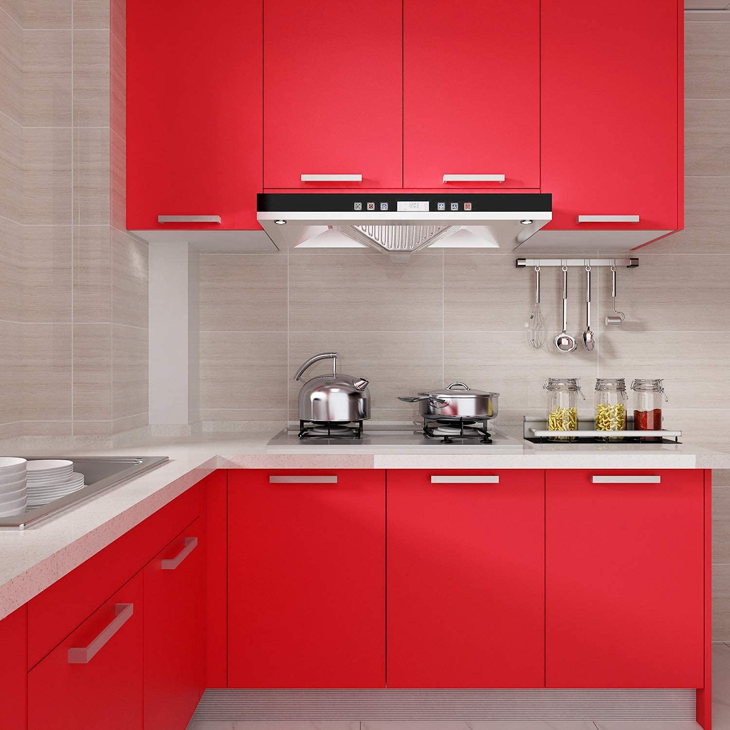 ERATO Vinyl Matte Kicthen Cabinets Wallpaper Self Adhesive Removable Wallpaper (24"x240" Inch, Red Matte) 1