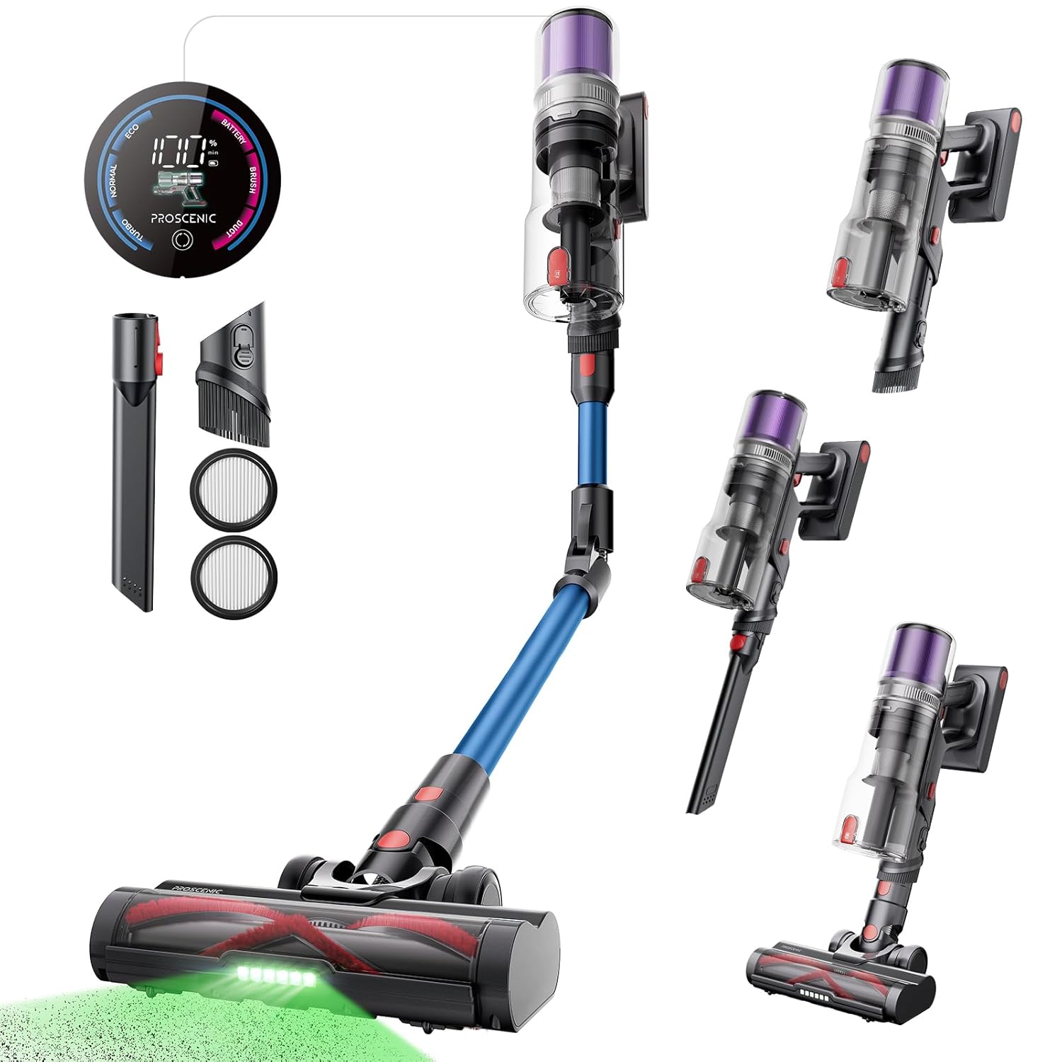 Proscenic Cordless Vacuum Cleaner 45Kpa 55Mins Runtime 180 Bendable Wand Vacuum Cleaners for Home with Green Light Anti-Tangle