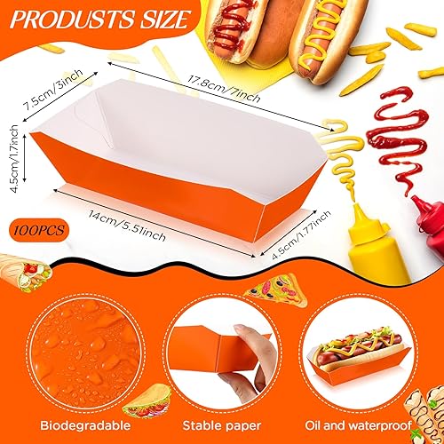 Miniatura 9 de Yeaqee 100 bandejas de papel de 7 pulgadas desechables para perros calientes, alimentos, nachos, botes para perritos calientes, platos para perros