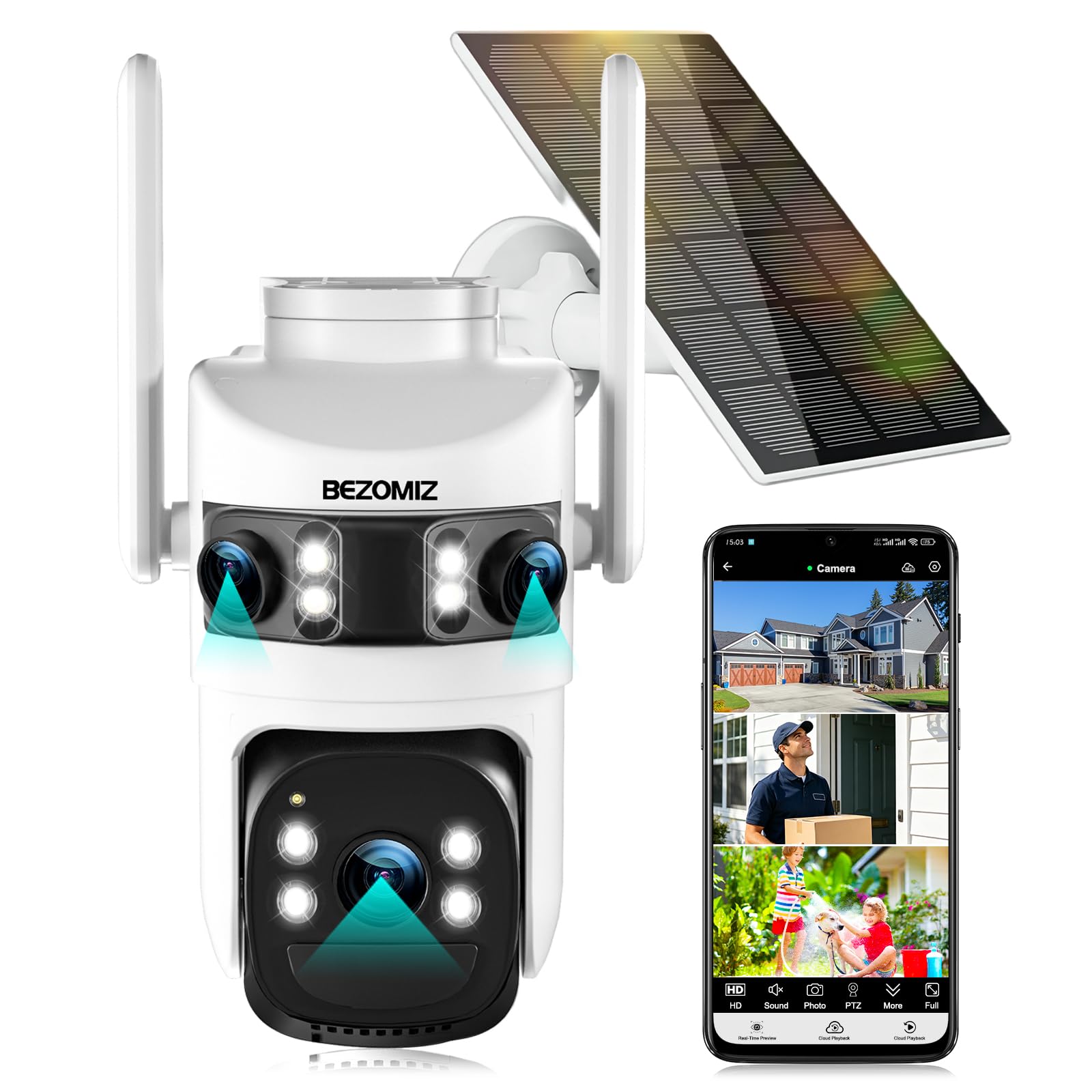 4K Caméra Surveillance WiFi Extérieure à triple objectif,360° PTZ Camera Solaire,12MP Détection Humaine,avec Batterie,Suivi Automatique,Vision Nocturne Couleur,Étanche,Audio Bidirectionnel,2.4/5G WIFI