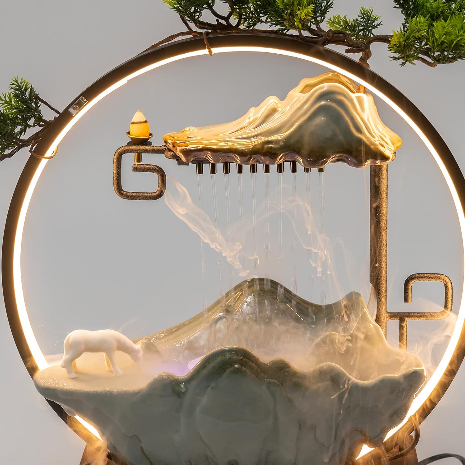 Tabletop Water Fountain, Indoor Waterfall with Round LED Light & Mist Maker and Incense Holder for Home Office Decor for Good Luck Wealth