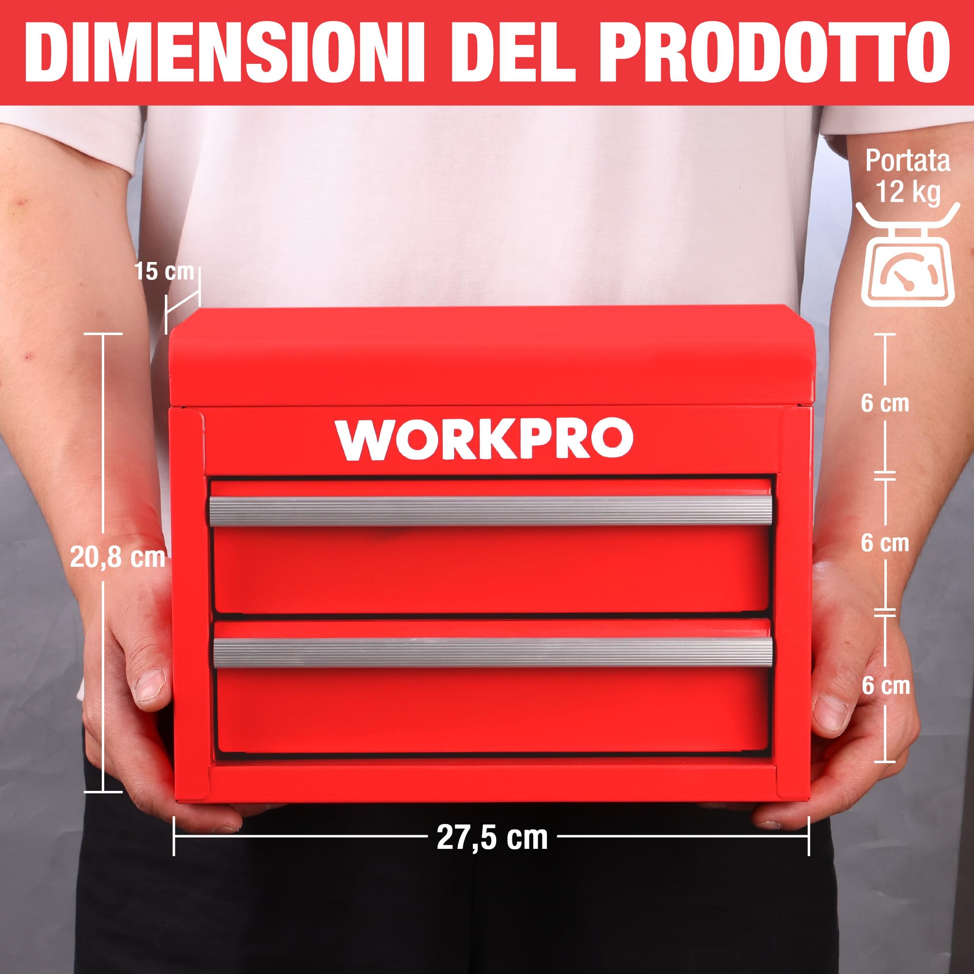 WORKPRO Mini Cassetta degli Attrezzi in Metallo con 2 Cassetti e & Superiore, 27,5 x 15 x 20,8 cm, Portatile, Ideale per Ufficio e Tavolo da Trucco - Rosso