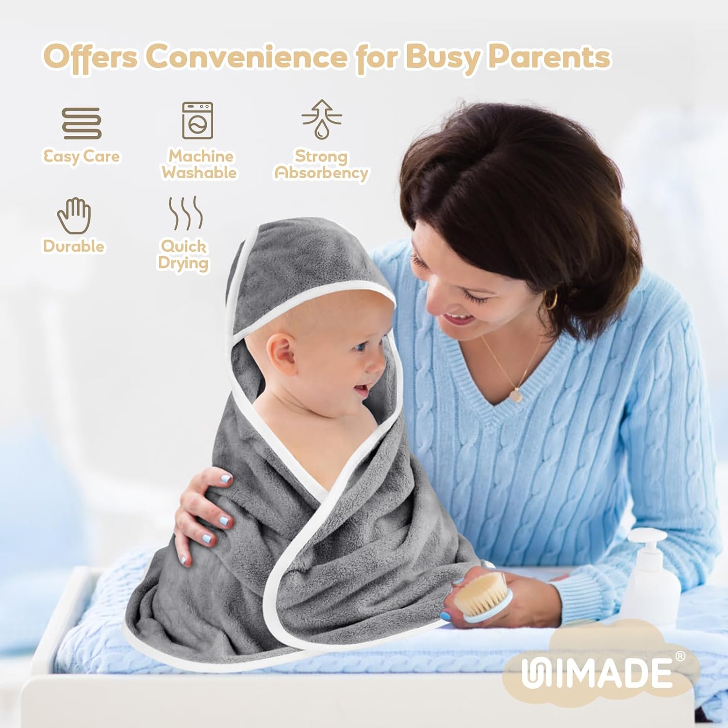 UNIMADE Hooded Towel for Newborn, 4 Pack Soft Coral Fleece Baby Towels, Ultra Absorbent Bath Cloths Bulk for Infants, Toddlers, Newborn Essential- 30 x 30 inch - Grey & Blue