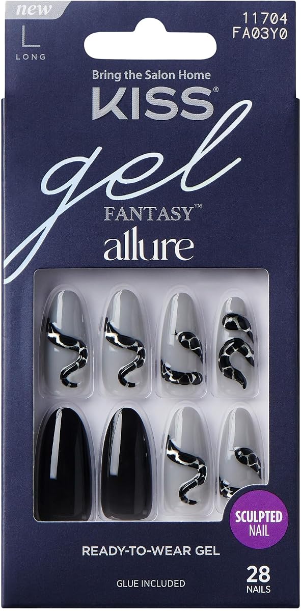 KISS Gel Fantasy 28 Pcs Press On Nails, Long Almond Fake Nails, Black Grey Snake Design Stick On Extensions, Reusable Full Cover Kit with Glue, Manicure Stick & File, 7 Day Wear, Vegan & Cruelty Free
